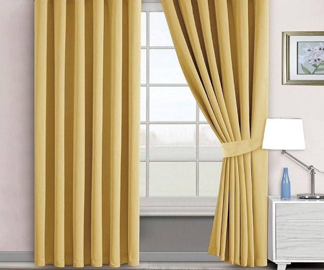 RAYYAN LINEN Thermal Pencil Pleat Blackout Tape Top Pair of Curtains With Free Tiebacks (46" X 54", Ochre Yellow)