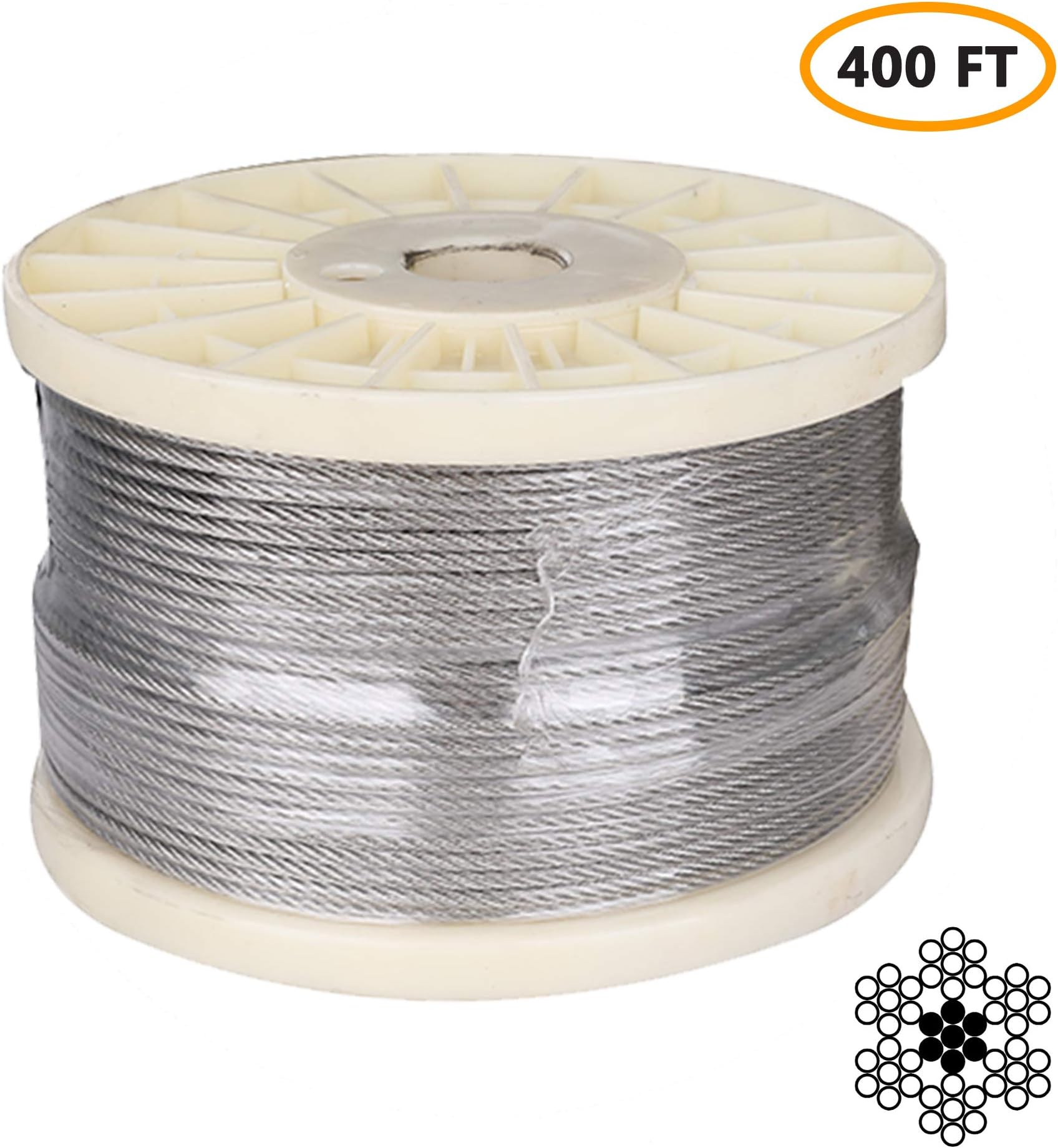 1/8" Stainless Steel Aircraft Cable, Marine Grade T316 Stainless Steel Wire Rope, Steel Cable for Deck Railing Stair Railing & DIY Balustrade, 7x7 Braided, 400FT