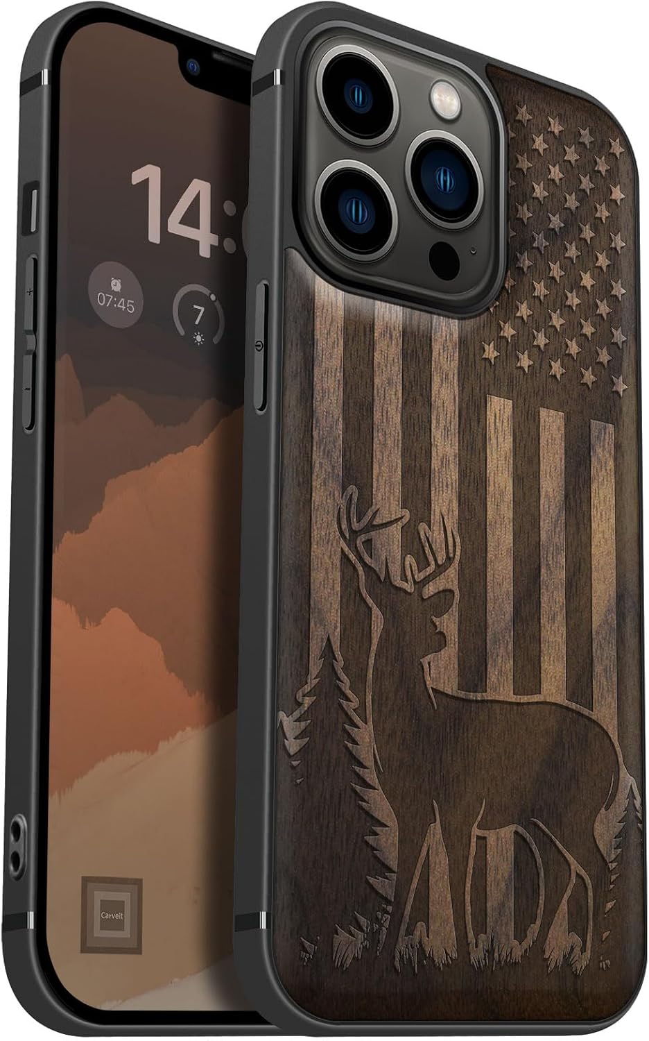 Carveit Magnetic Wood Case for iPhone 13 Pro Case [Hard Real Wood & Soft TPU] Unique & Classy Wooden Shockproof Hybrid Protective Cover Compatible with MagSafe (Patriotic Deer Silhouette -Walnut)