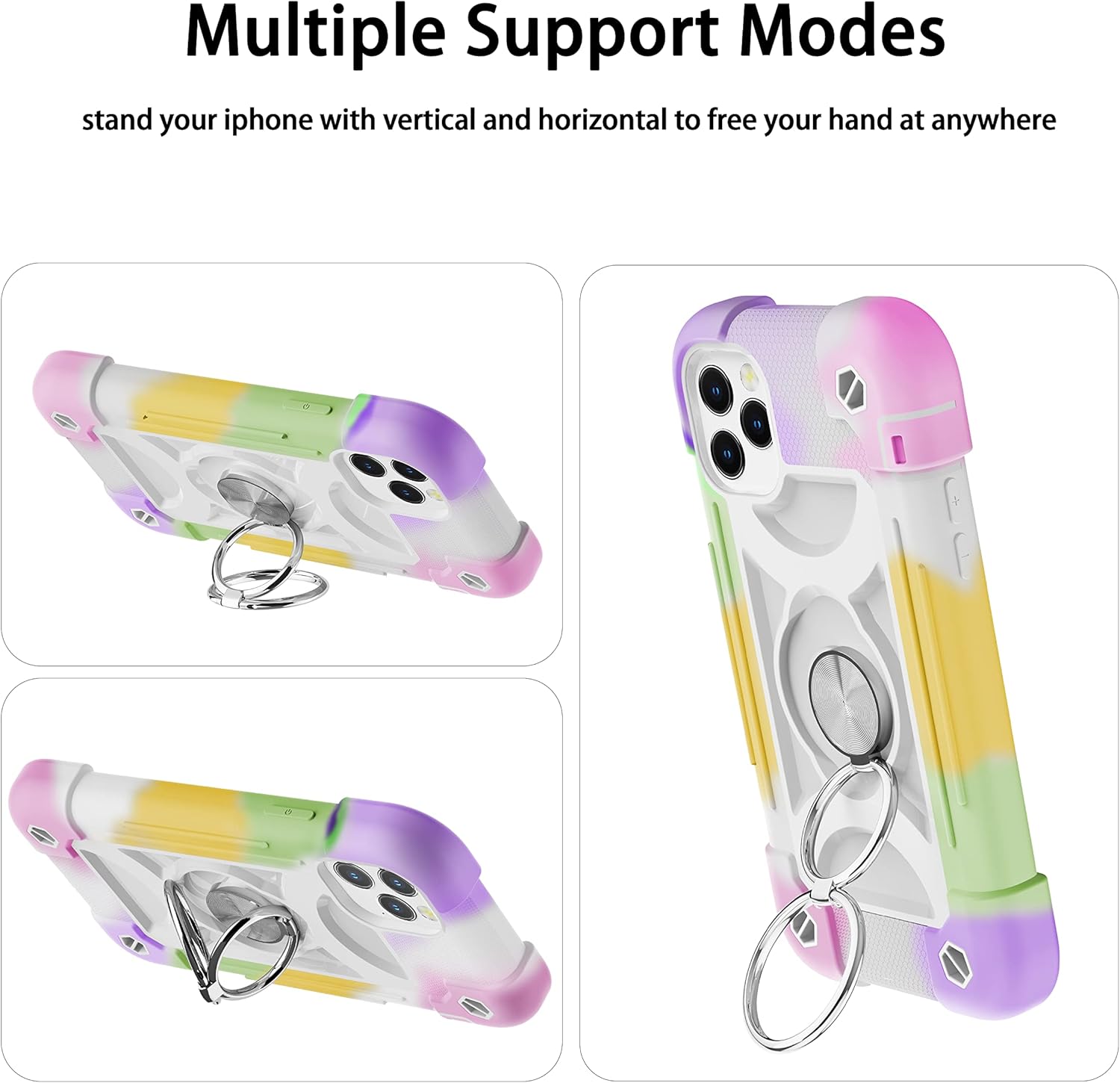 for iPhone 12 Pro Max Case 6.7 Inch with Ring Stand, with 2 Pack Glass Screen Protector + 1 Pack Camera Lens Protector,Heavy-Duty Shockproof Cover for iPhone 12 Pro Max (Rainbow White) - Image 7