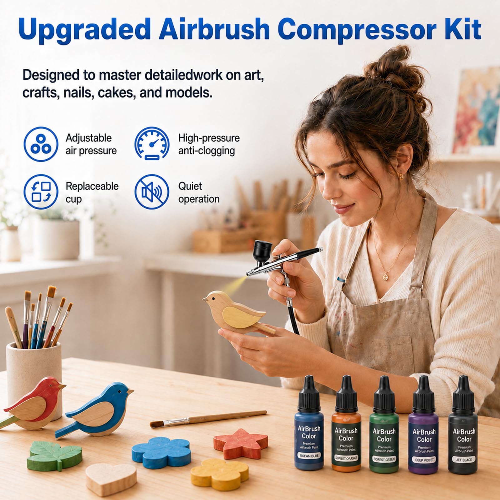 Kit de aerógrafo con compresor de aire, aerógrafo de alta presión de 48 PSI que no se obstruye con vasos de pintura de 5/20/40 ml y juego de limpieza para decoración de pasteles, pintura de modelos