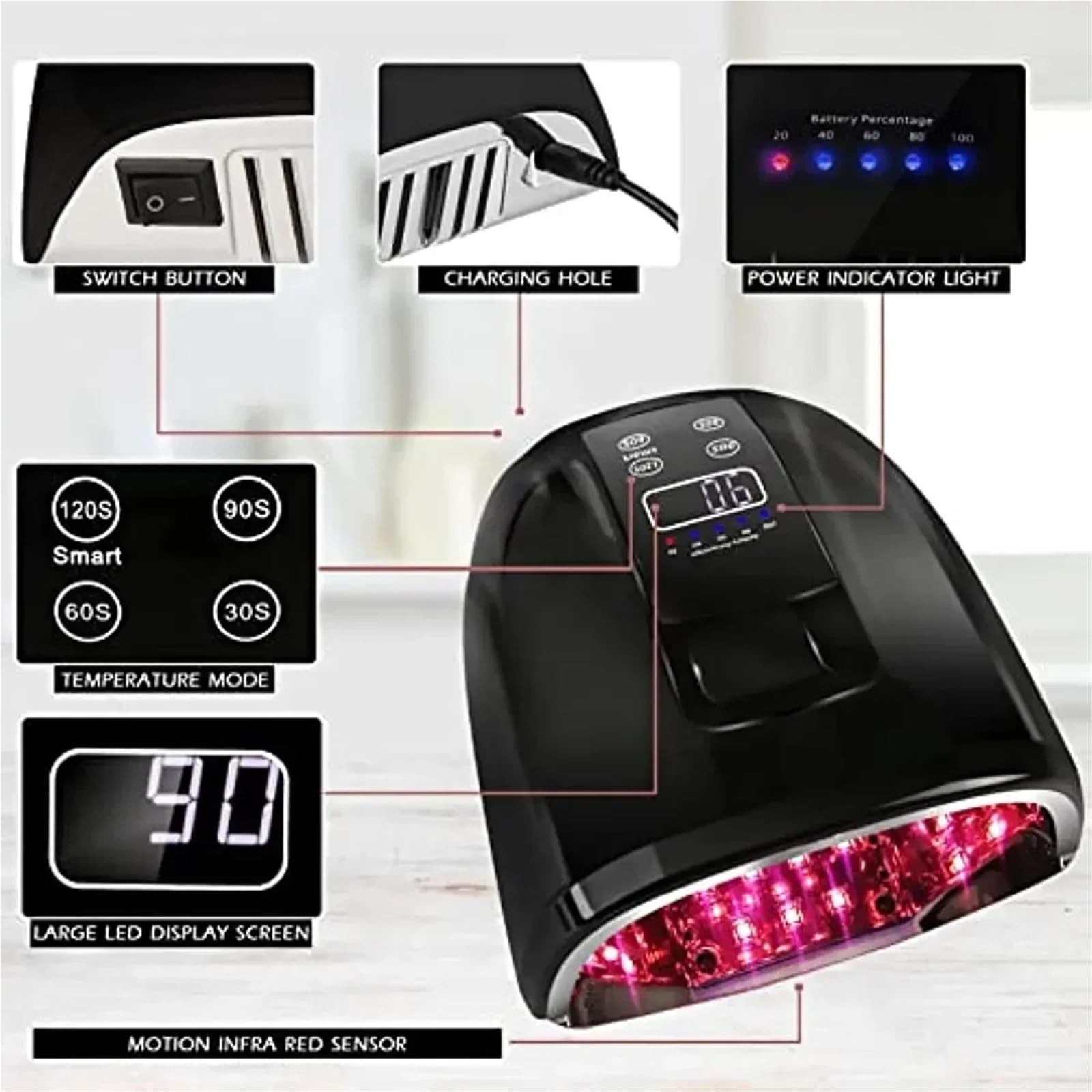 Lampa do paznokci 90W akumulatorowa z lustrzanym dnem LED akrylowych, maszyna manicure, lampa UV Praktyczny(Glossy Black)