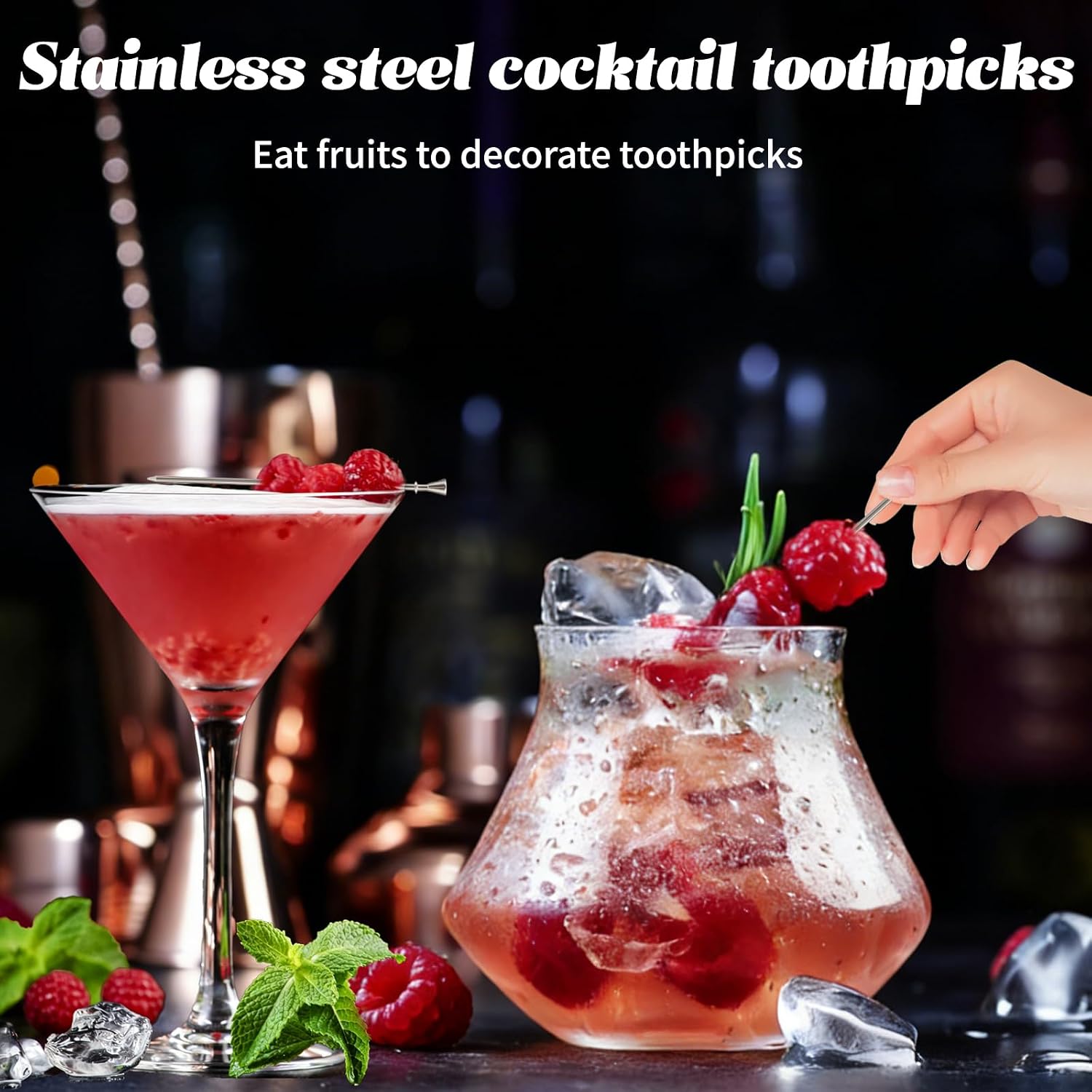 12PCS Metal Cocktail Picks, Stainless Steel Cocktail Picks for Drinks, Reusable Olive Stuffers Martini Pick set Fruit Toothpick Garnish Skewers Appetizer Stick for Bar (10 Styles Silver)