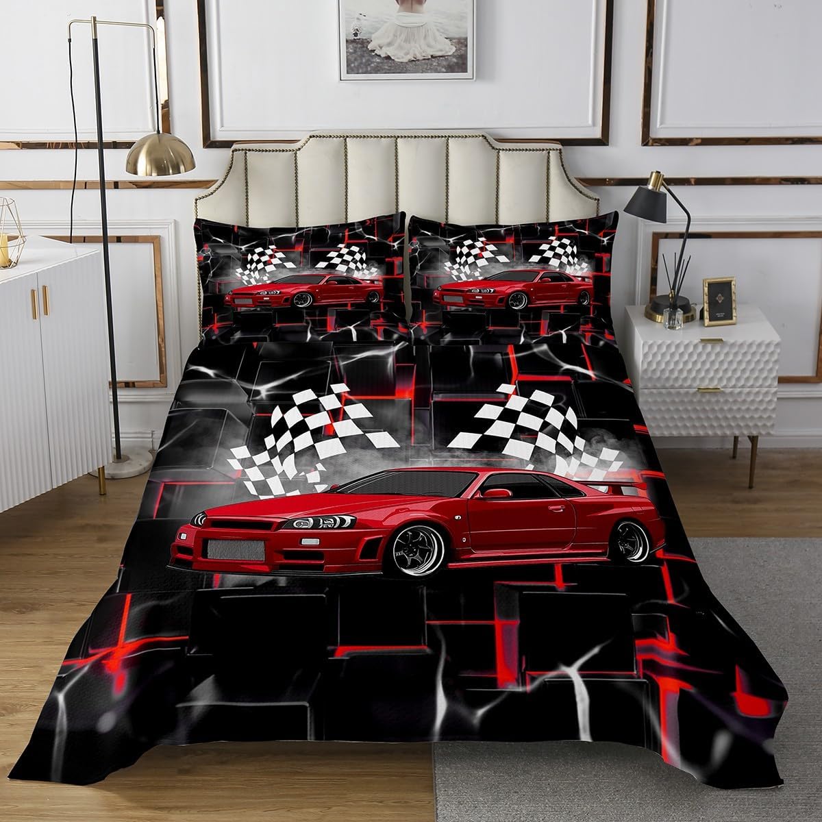 Feelyou Sports Car Bedspread Red Race Car Bedspread for Kids Boys Girls Extreme Sport Coverlet Set Racing Gaming Quilted Bedroom Collection 2Pcs Twin Size