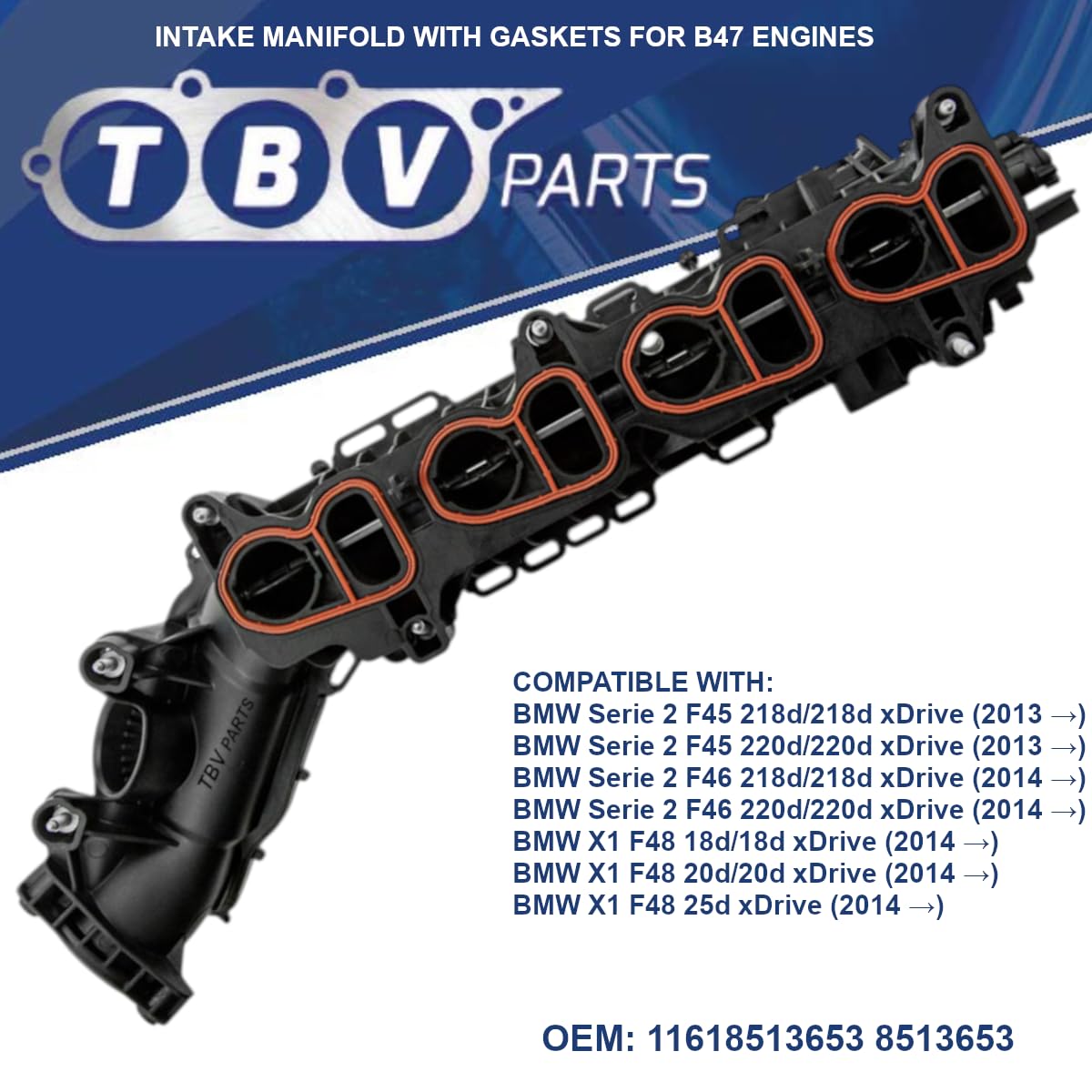 Modulo collettore di aspirazione con guarnizioni 11618513653 8513653 COL089N | Per motore B47 2.0 Diesel | Compatibile Serie 2 F45 F46 218d 220d X1 F48 18d 20d 25d