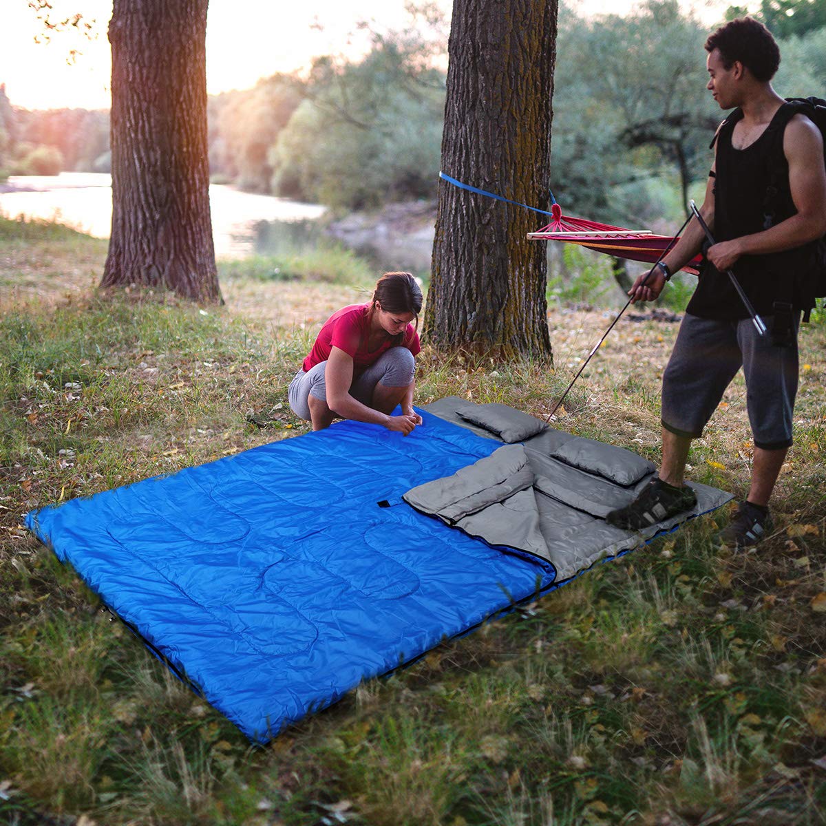 COSTWAY Doppelschlafsack, 220x150cm, 2 Personen Kissen, 3 Jahreszeiten, 0°C