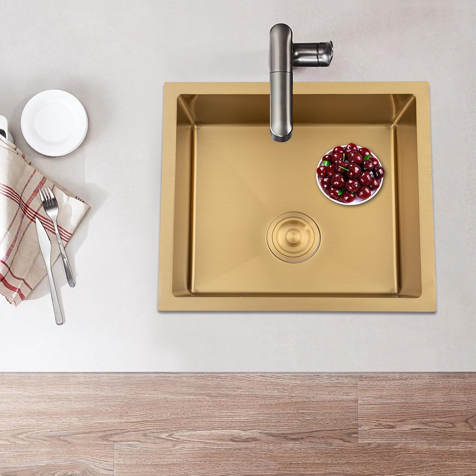 Lavello in acciaio inox, lavello da cucina, lavandino da incasso, con 2 tubi di scarico, 1 vasca, 50 x 45 cm