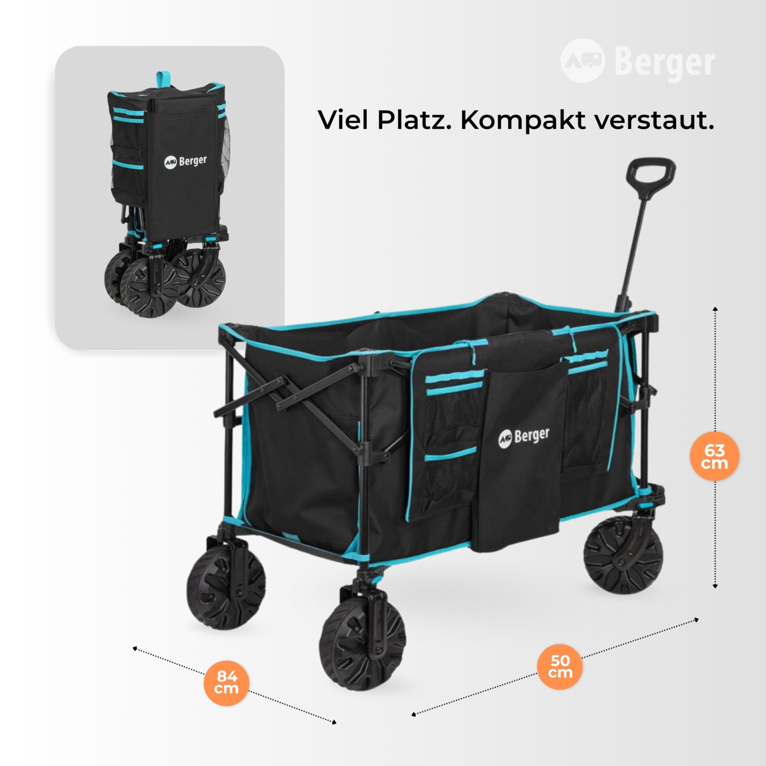 BERGER Waimea Offroad Bollerwagen | Transportwagen klappbar mit verstellbarem Griff & 360° drehbare Vorderräder | Handwagen für Gelände Outdoor Camping Einkaufen