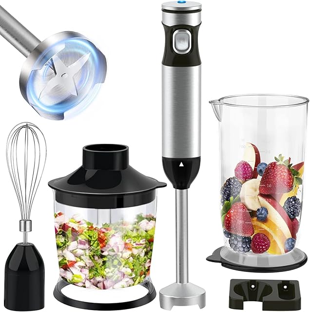 Hand Blender, Stick Blender 1000W with Stepless Speed - 4 in 1 Immersion Blenders with 4 Sharp Blades, Chopper, 700ml Mixing Beaker, Whisk, BPA Free Food Processor for Smoothies, Sauces, Baby Food