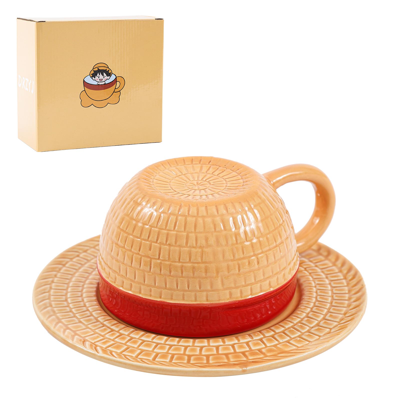 Straw Hat-Shaped Mug with Saucer – Anime Creative Design Coffee Cup, Unique Ceramic Tea Cup Set, Fun Gift for Fans, 8.5oz