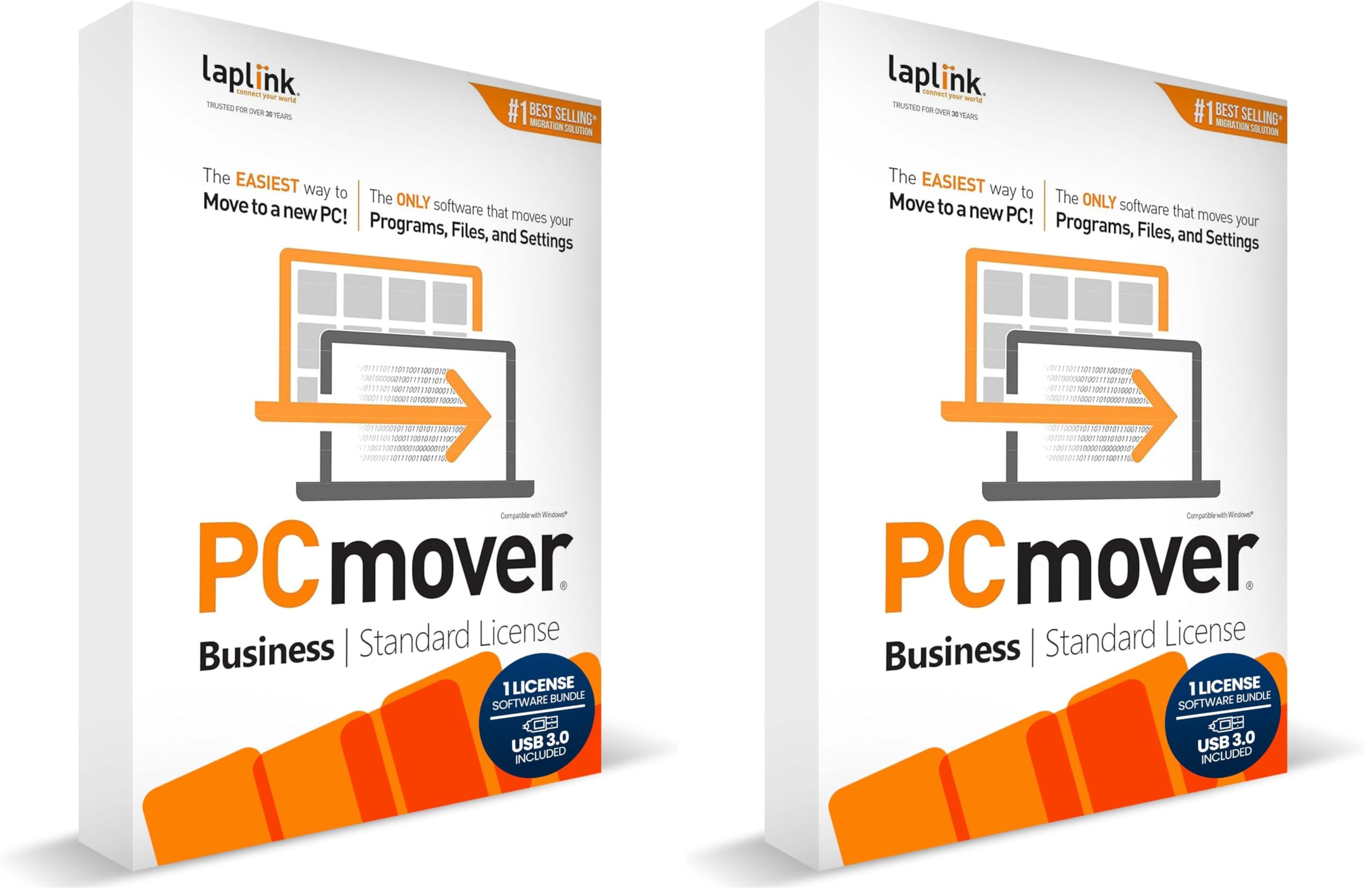 Laplink PCmover - Migrate Applications, Files, User Profiles &amp; Settings from Old to New PCs - Data Transfer Software with Optional Super Speed USB 3.0 Cable - Business Standard, 1 License (Pack of 2)