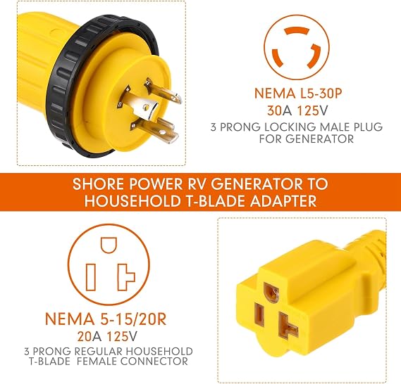 Kanayu 3FT 30 Amp to 15 Amp Marine Shore Power Adapter Extension Power Cord Nema L5-30P to 5-15/20R 10AWG 30Amp to 20Amp T Blade Marine Plug 125V Household Outlet Pigtail Boat Adapter