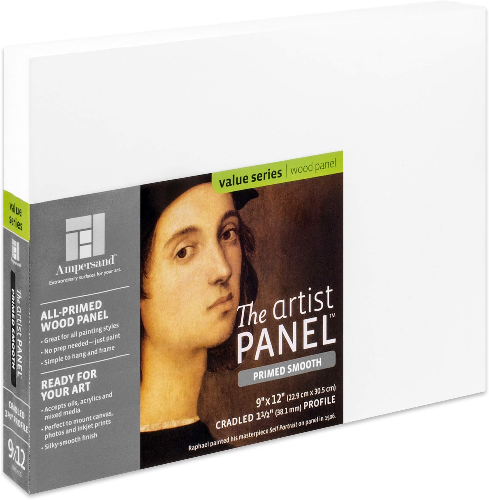 Ampersand Art Supply Wood Gesso Artist Painting Panel: Primed Smooth, 9" x 12", 1-1/2 Inch Depth