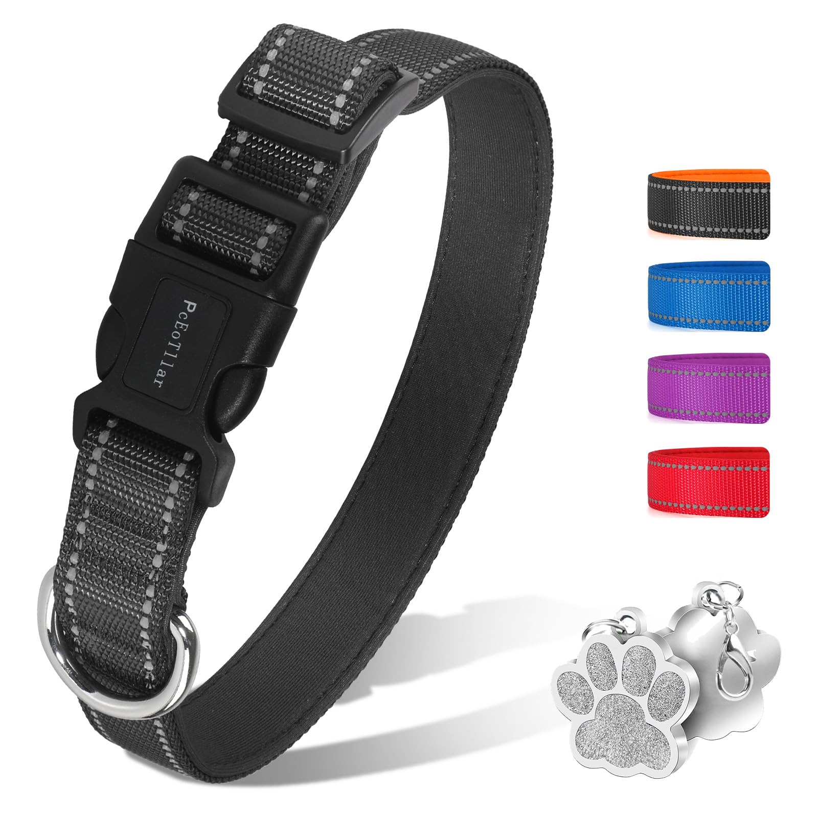 PcEoTllar Collar de Perro Reflectante Ajustable Suave Acolchado Collares de Perro de Neopreno Transpirable Collar de Nylon para Perros Pequeños Medianos Grandes, Negro-S