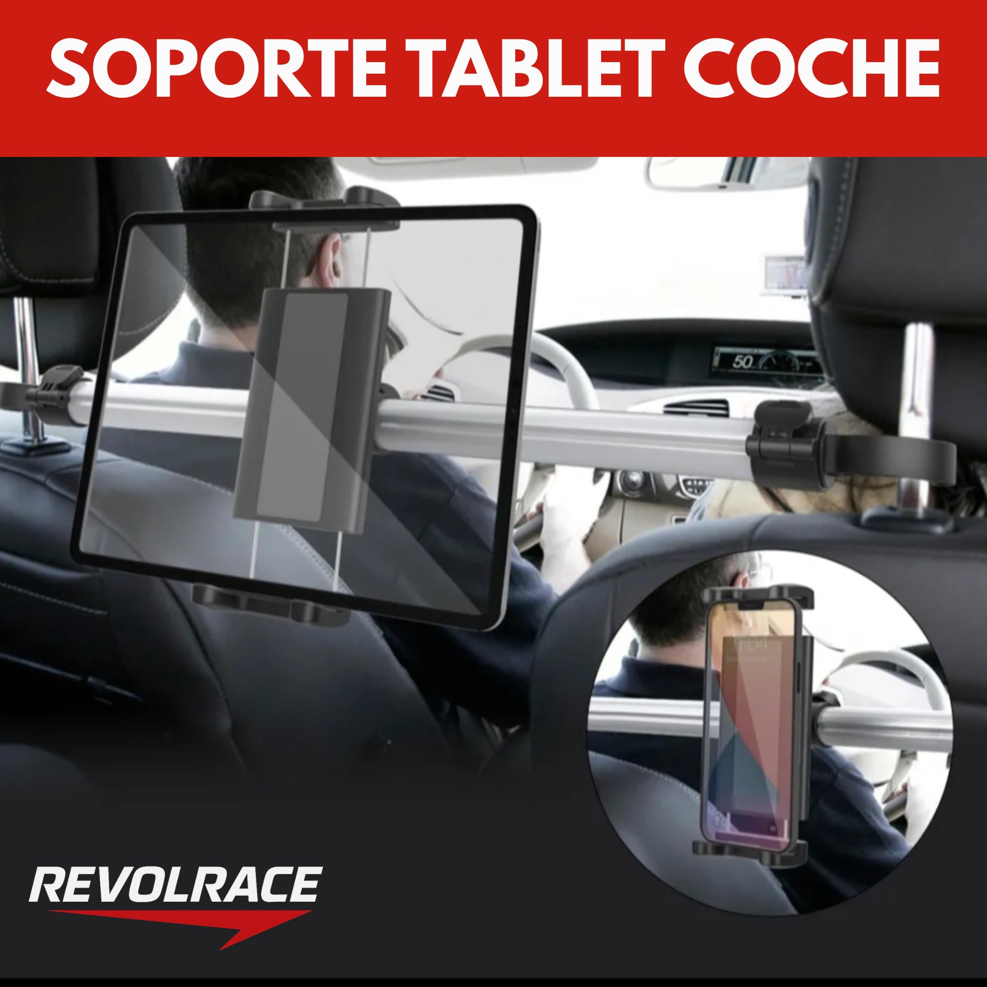 Soporte Tablet Coche Entre Dos Reposacabezas, Ultra Estable y Ajustable 360º, Compatible iPad 4.7-14", Ideal para Viajes en Asiento Trasero. Incluye Cable USB-c