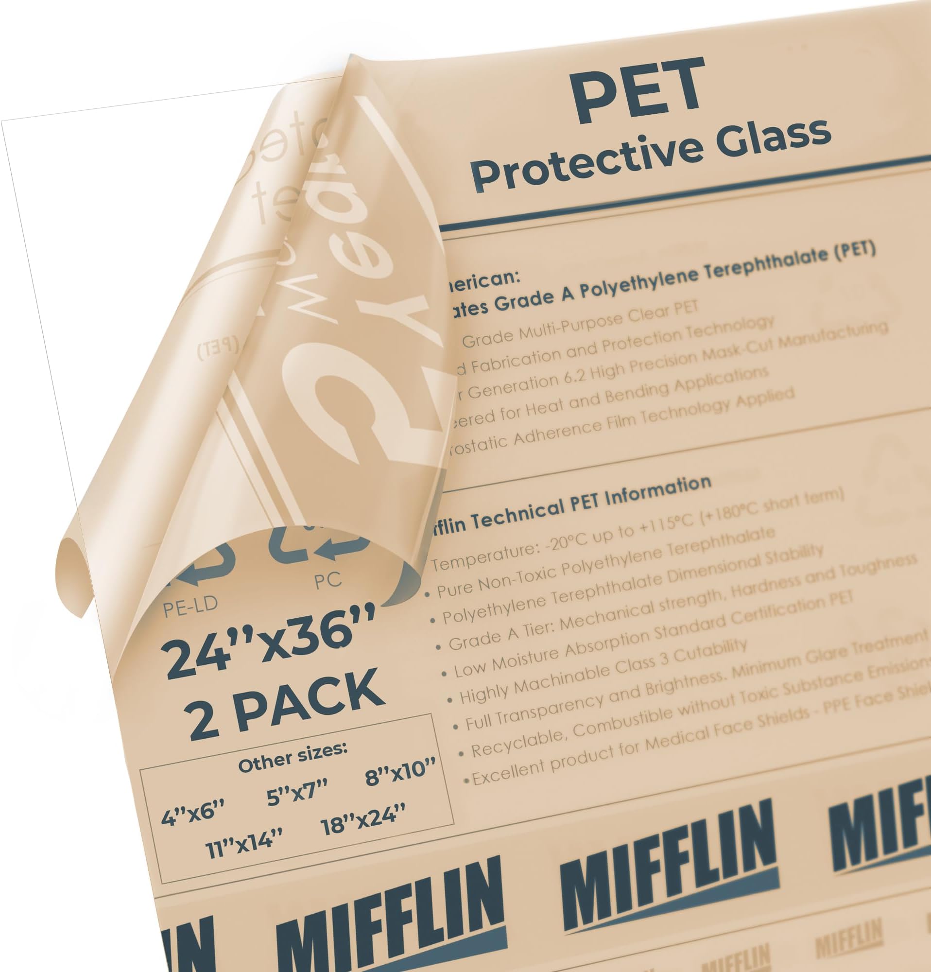 MIFFLIN Flexible Clear Plastic Sheet (24x36 x 0.03 inch, 2 PK), ATR-Processed Transparent Plexiglass, Lightweight & Thin, Poster Frame Glass Replacement, General Household Use, Easy Cut