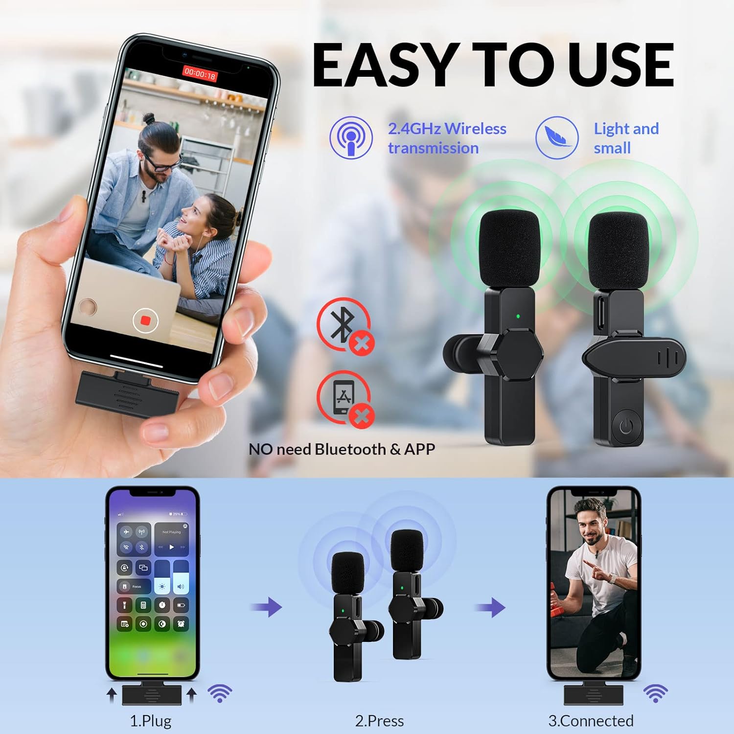 2 Pack iPhone Wireless Microphones, Plug-Play Wireless lavalier Microphone for Video Recording TikTok YouTube Interview Live Stream - 3 Levels Noise Reduction, No APP & Bluetooth Needed