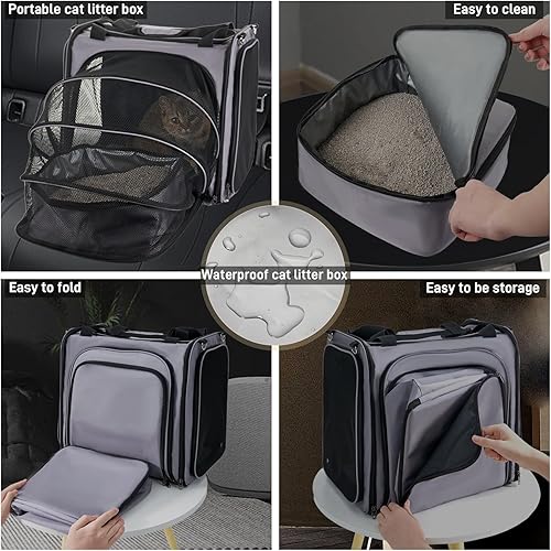 Miniatura 2 de Transportador de viaje grande para gatos con caja de arena para gatos, transportador portátil expandible para gatos con caja de arena plegable a