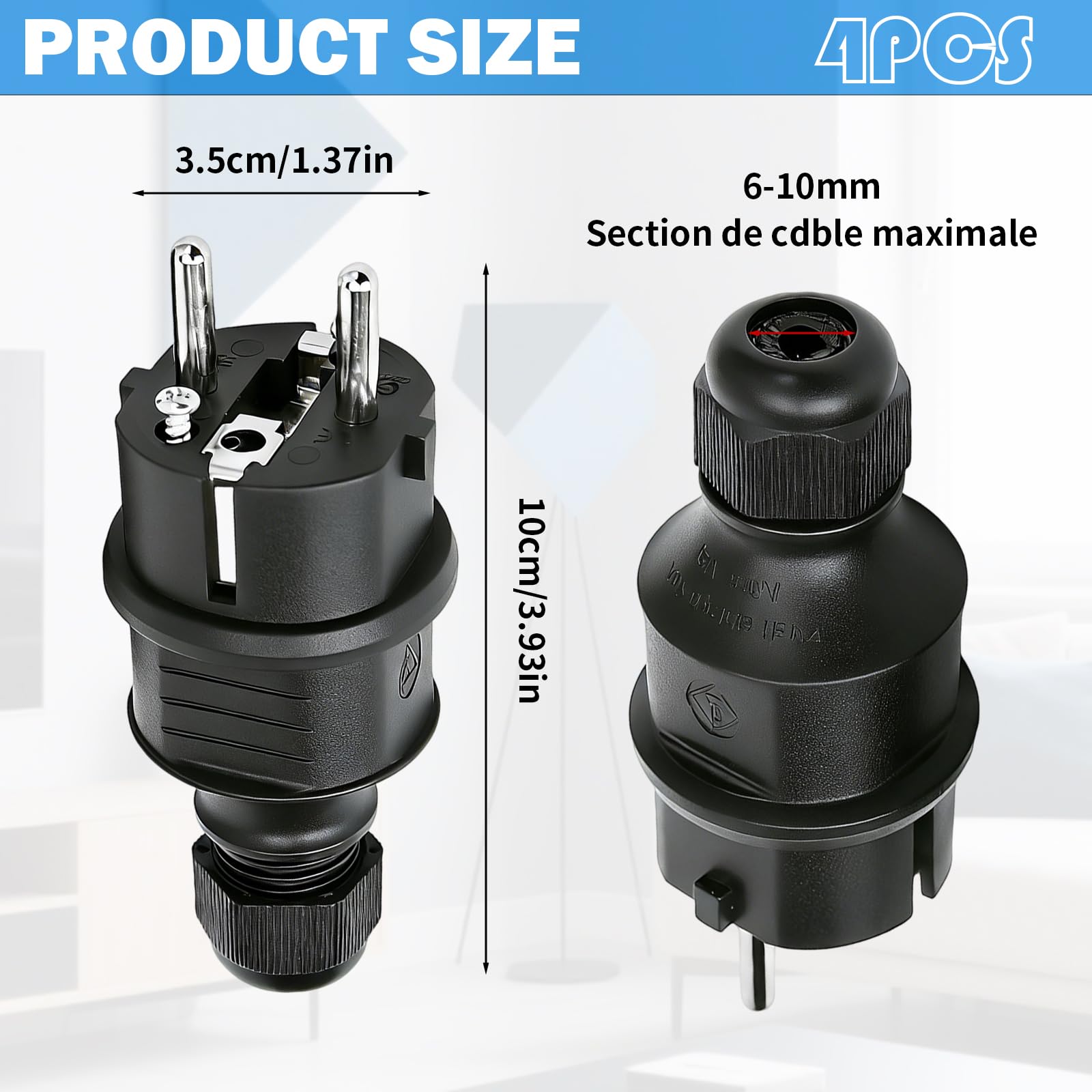 Fiche Male Prise Electrique 250V 16A Anti-torsion Noir