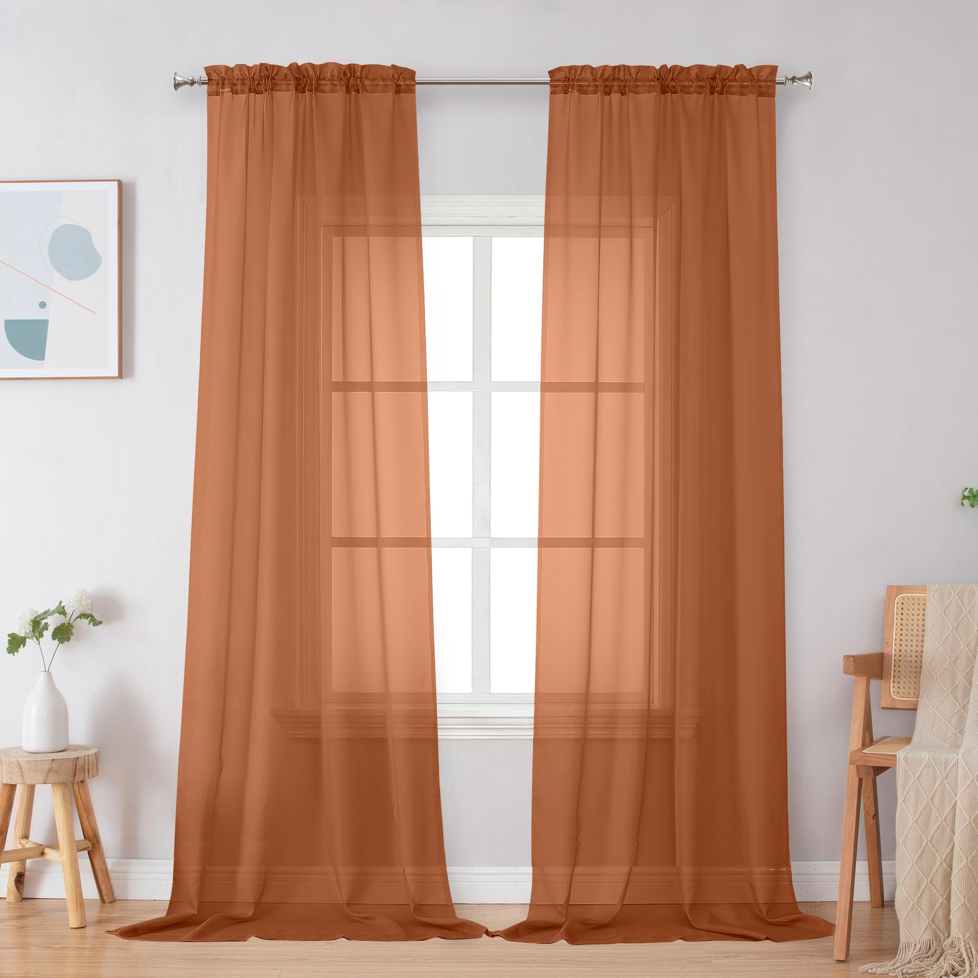 Simplebrand Orange Sheer Curtains 96 Inches Long 2 Panels for Living Room