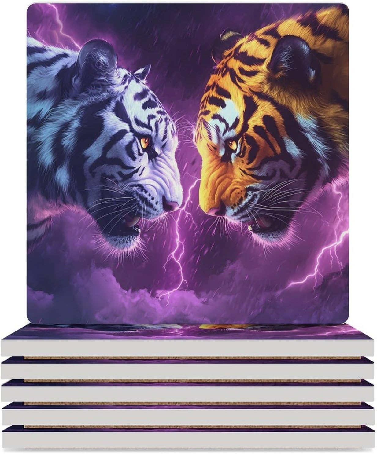 White Tiger and Yellow Tiger Funny Ceramic Coasters for Drink Absorbent Cup Holders Tabletop Protection