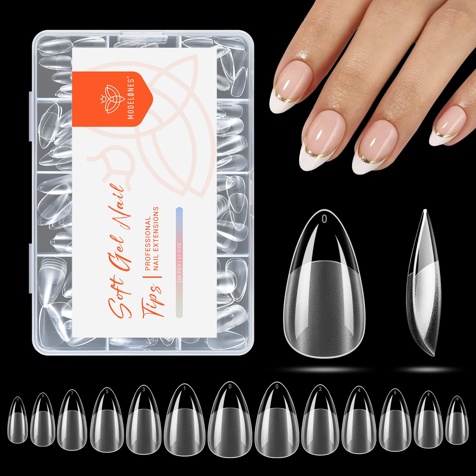 modelones Short Almond Nail Tips, Pre-shaped Soft Gel Tips Fake Nails False Acrylic Clear Full Cover Press on Extension Kit Gel Manicure DIY at Home 216PCS 12Sizes