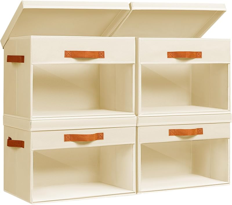 Contenedores de almacenamiento de tela grandes - Organizadores de almacenamiento para armario con tapas | Ventanas y tiradores transparentes, paquete de 4, diseño apilable, cajas decorativas, beige, para ropa, mantas, suéteres, sábanas