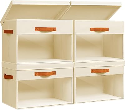 Homsorout Large Storage Bins with Lids - 4 Pack Foldable Decorative Organizers with Clear Windows & Handles, Cube Storage Organizers for Clothes, Blankets, Sweaters, Sheets, Beige