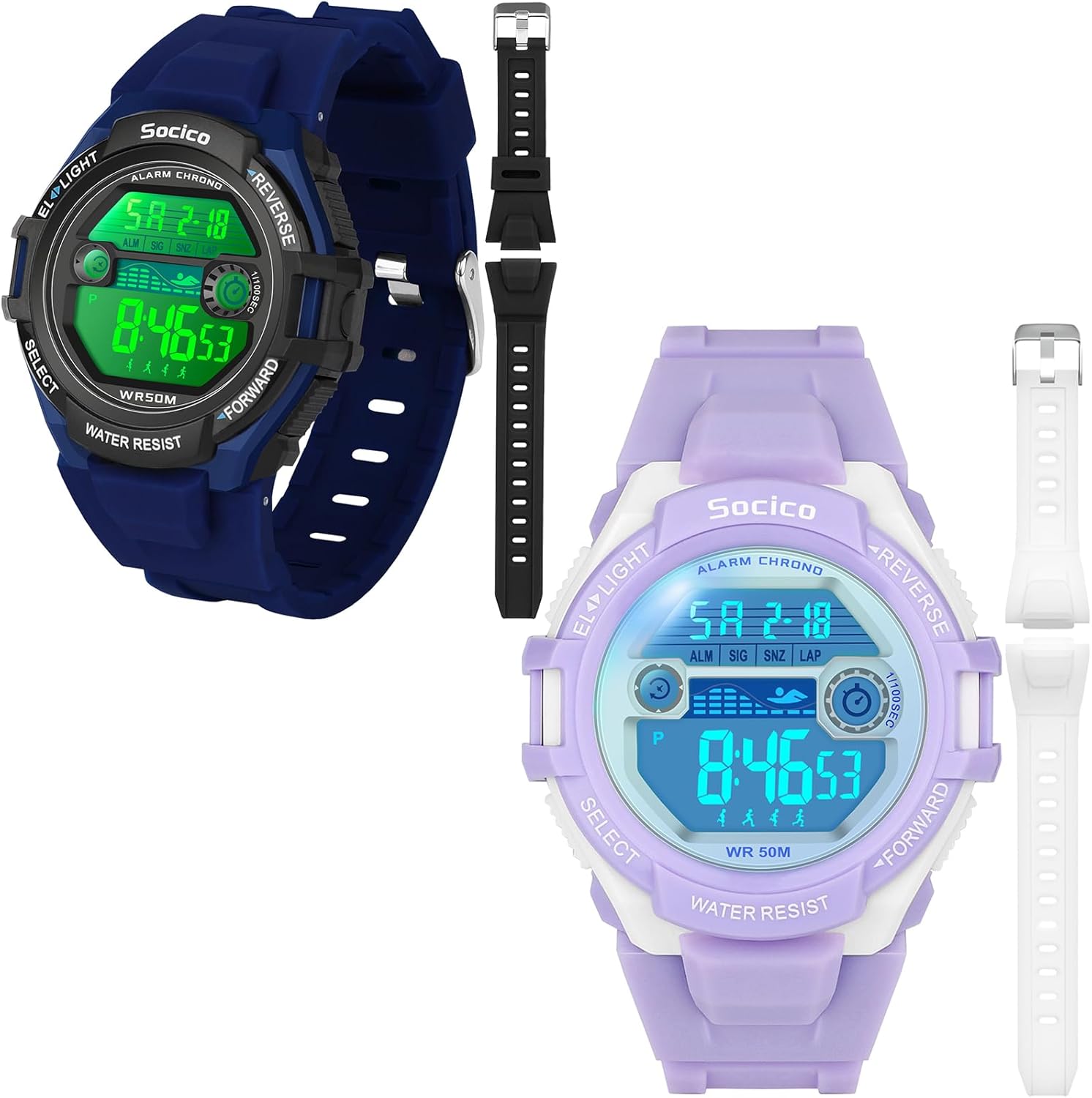 SOCICO Kids Digital Watch for Boys Girls, 2 Interchangeable Silicone Straps, 50M Waterproof & Shockproof Sports Watch with 7 Color LED Lights, Stopwatch, Alarm, Calendar, Ages 5-18
