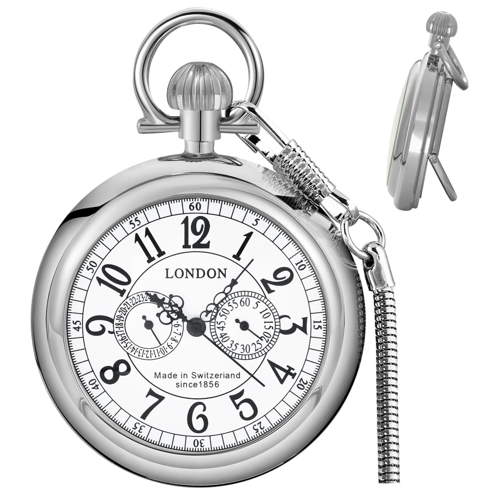 TiongStainless Steel London Mechanical Pocket Watch Copper Steampunk Roman Numerals Men's Pocket Watches with Chain for Men
