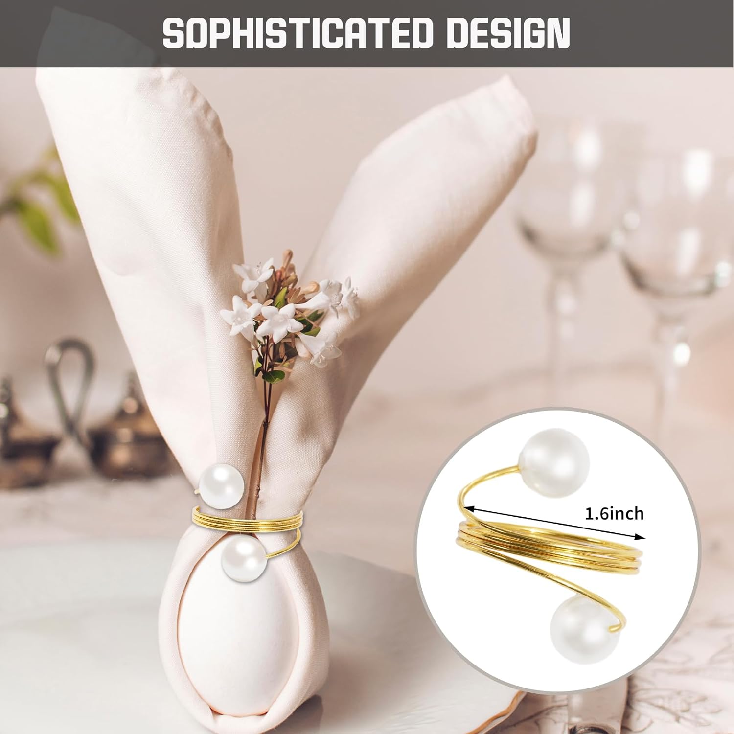 JarThenaAMCS 100Pcs Gold Napkin Rings Pearl Napkin Holder Round Metal Spring Dinner Table Ring Napkin Holder Buckles for Wedding Birthday Table Decoration, 1.6 Inch