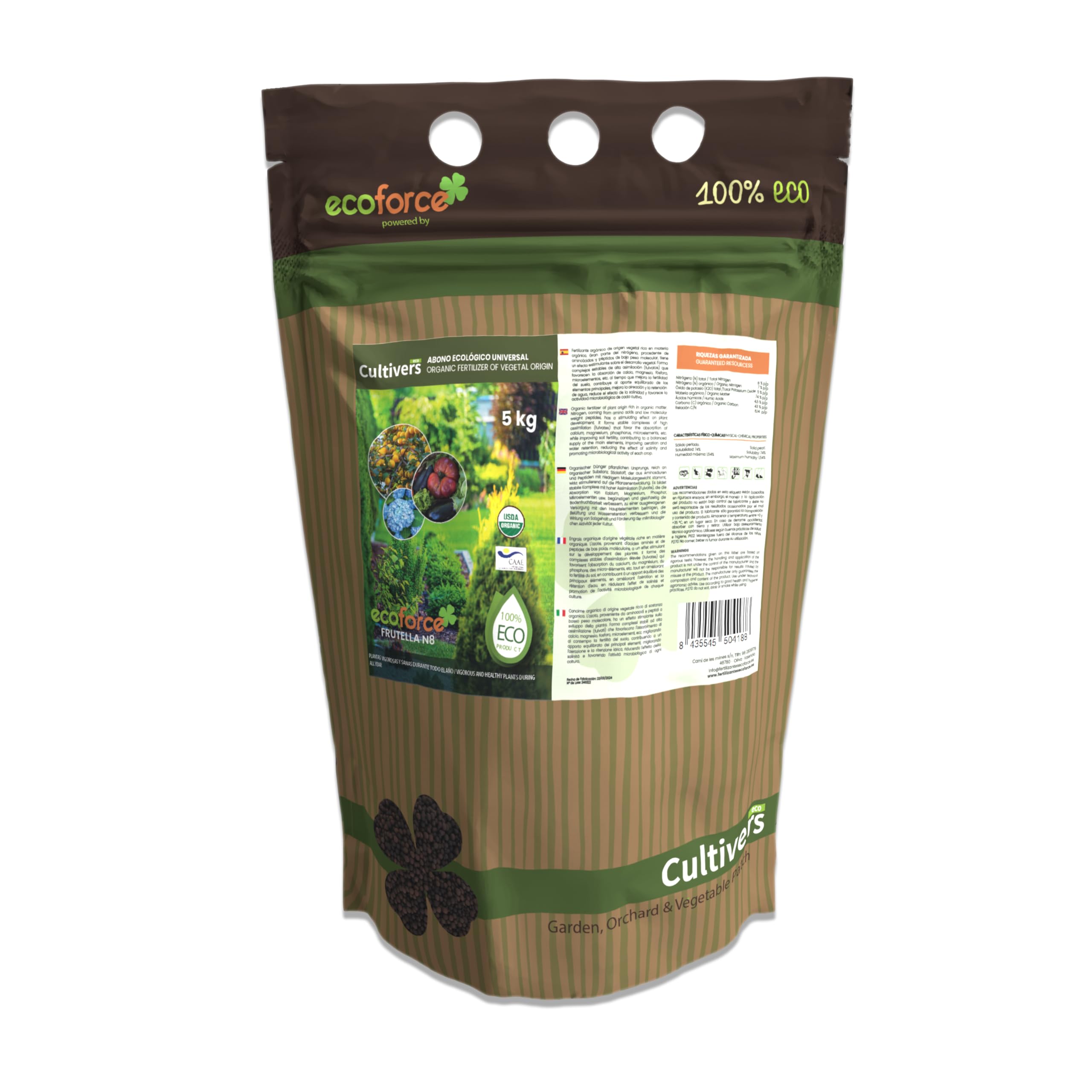 CULTIVERS Abono Ecológico Universal de 5 kg. Fertilizante granulado con NPK 8-1-5+74% M.O. y Ác. Húmicos. Liberación Lenta. Potencia el Crecimiento y estimula el Cultivo. FRUTELLA