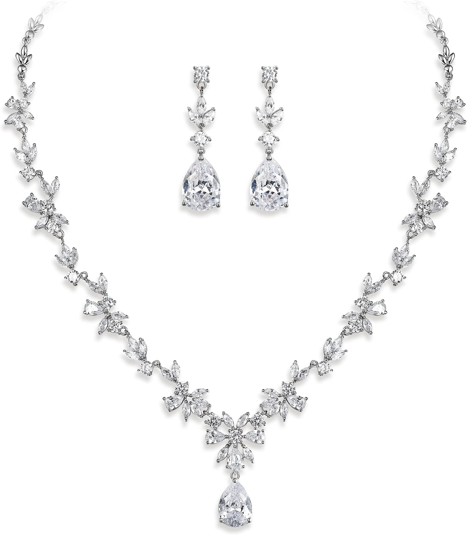 CrysdueWedding Jewelry Set for Women, Floral Leaf Vine Teardrop Necklace Dangle Earrings Bracelet and Hair Comb, Cubic Zirconia Elegant Party Prom Jewellery for Bridal Bridesmaid