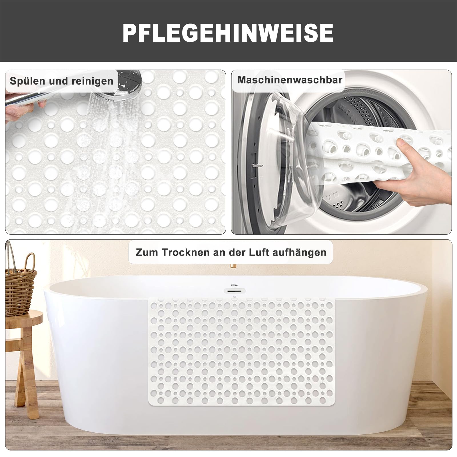 Tapis de douche antidérapant - 80 x 120 cm - En TPE souple - Antidérapant - Avec ventouses - Extra long - Sans BPA - Grand tapis de douche antidérapant à séchage rapide (grand blanc, 80 x 120 cm)