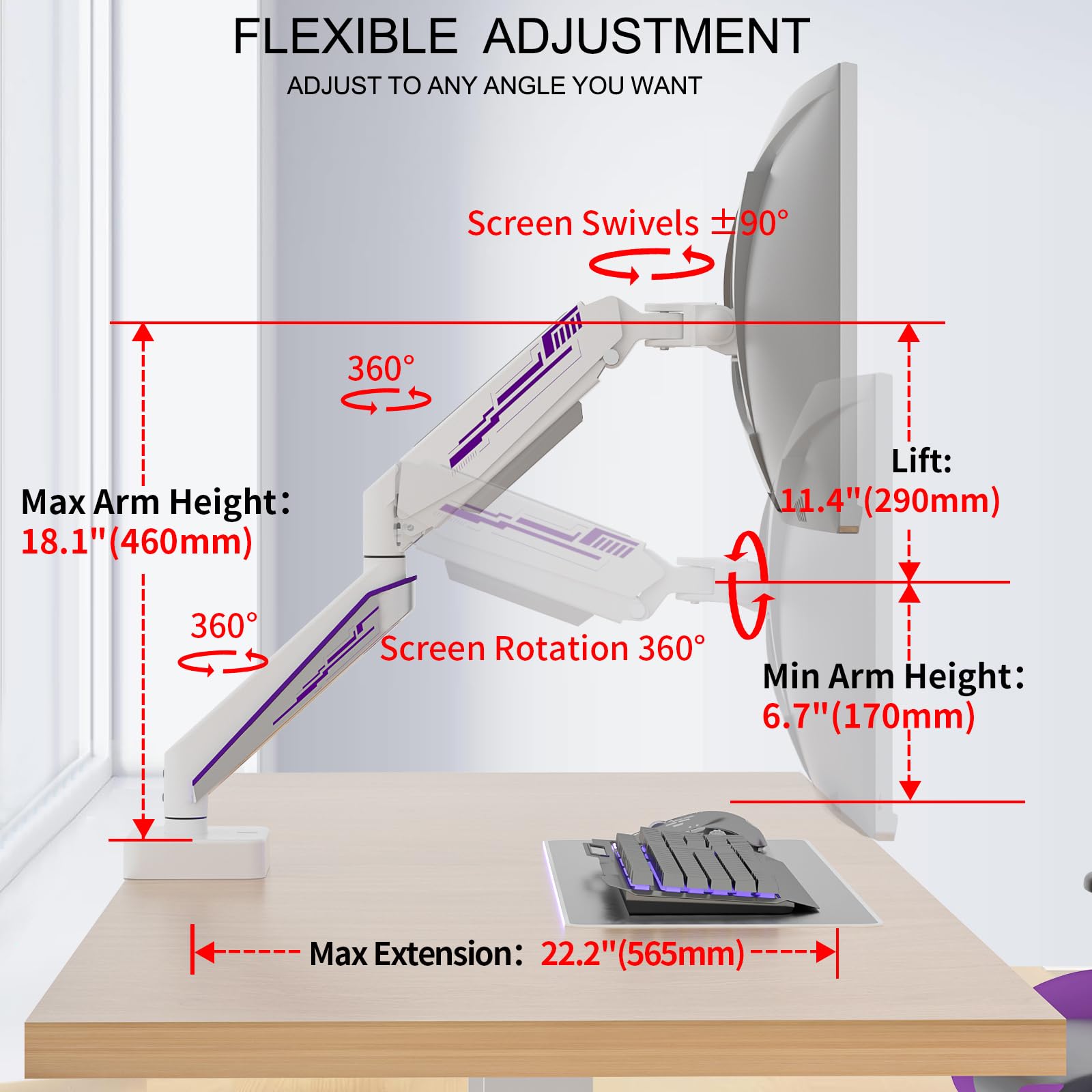 Brazo Monitor para Pantallas de 13-49 Pulgadas, Monitor Arm Ergonómico, Soporte Monitor VESA 75/100 mm hasta 20 kg