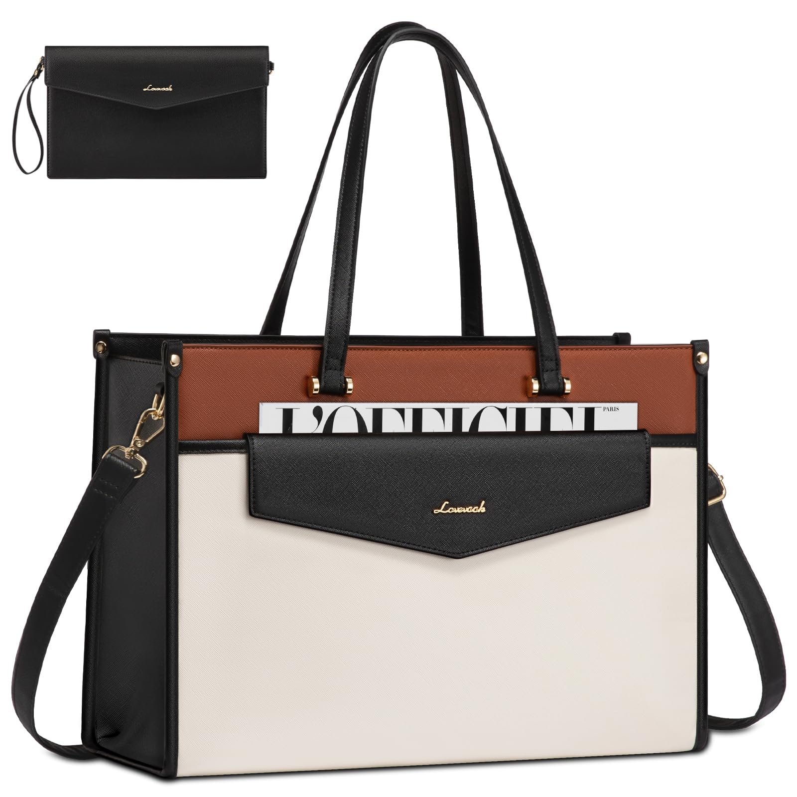LOVEVOOK Laptop Bag for Women, 17.3'' Laptop Tote Purse 2-in-1 Professional Work Bag Business Briefcase with Clutch Purse, Waterproof Leather Computer Handbag for Teacher Office Travel