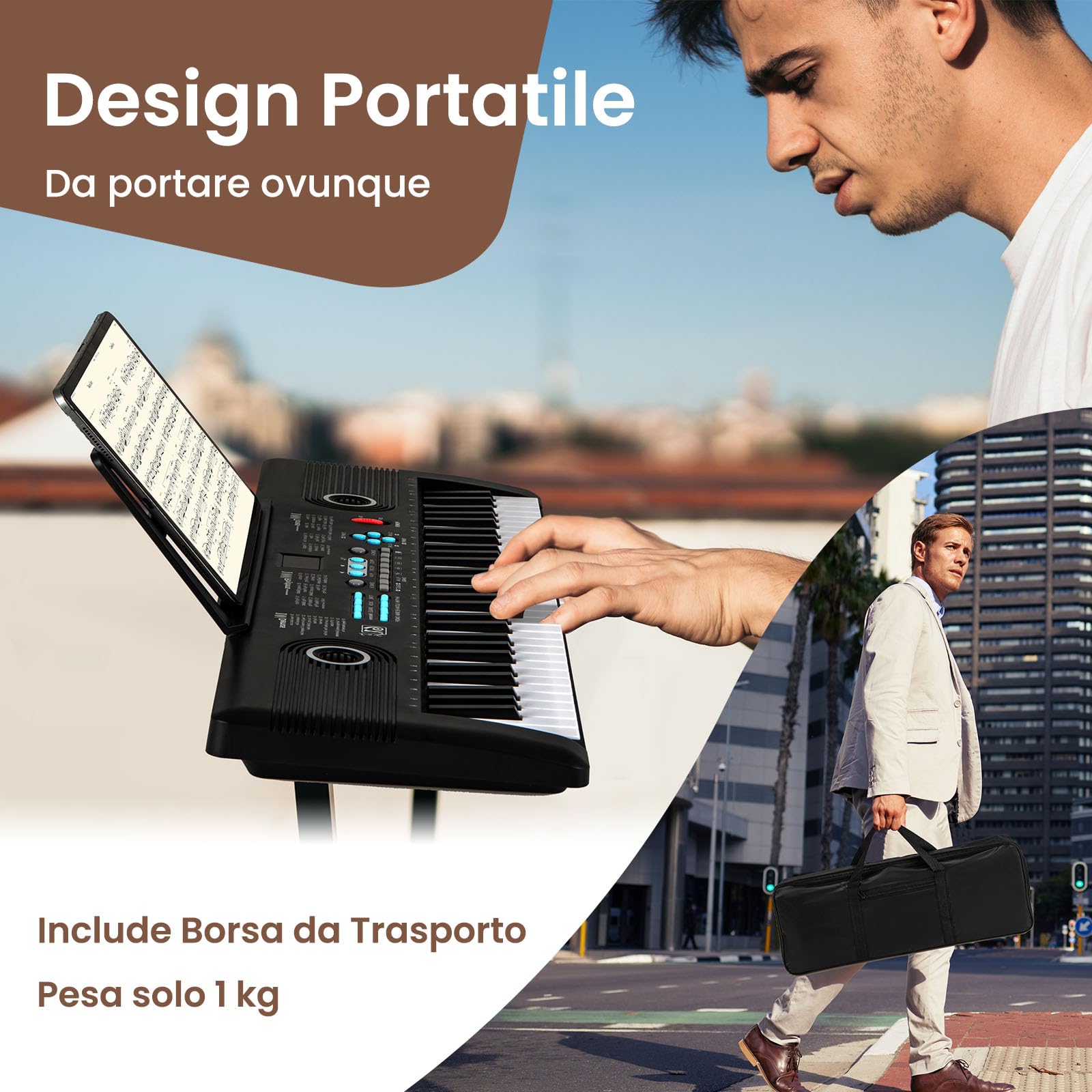 COSTWAY Pianoforte Digitale a 61 Tasti, Pianoforte Elettronica con Supporto, Microfono, Pianoforte Portatile con Adesivi per Tasti e Borsa da Trasporto, per Bambini e Adulti (Nero)