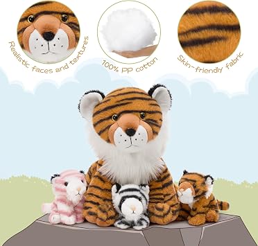 MorisMos Tiger Plush with 3 Baby Cubs Inside, 32 cm Mommy Tiger Stuffed Animal, Soft Jungle Animal Plush Toy, Interactive Family Teddy for Imaginative Play, Birthday Gift for Kids