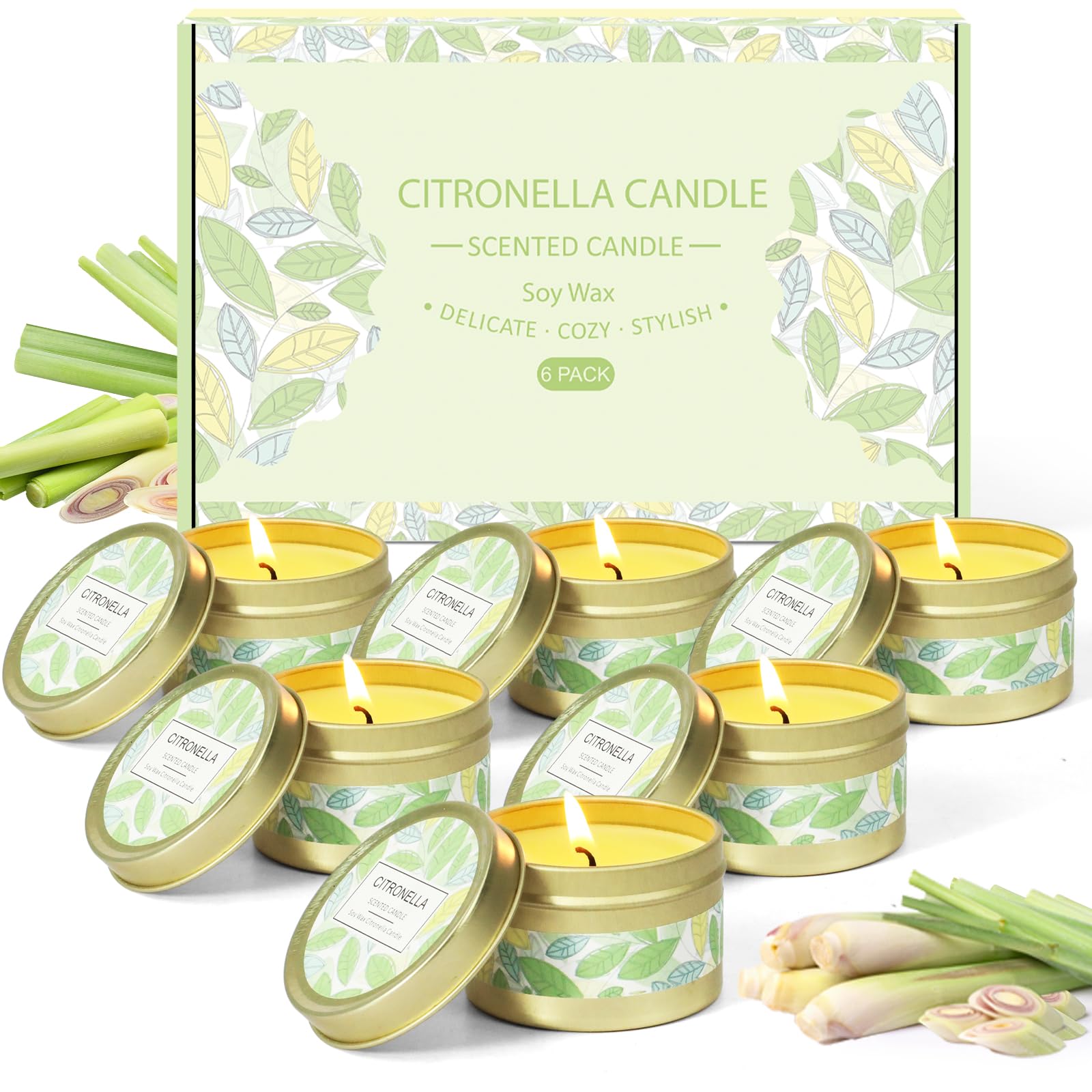SCENTORINI Candele alla Citronella, 6 Candele in Cera di Soia Naturale Estiva per Interni Esterni Giardino Viaggio Campeggio Picnic