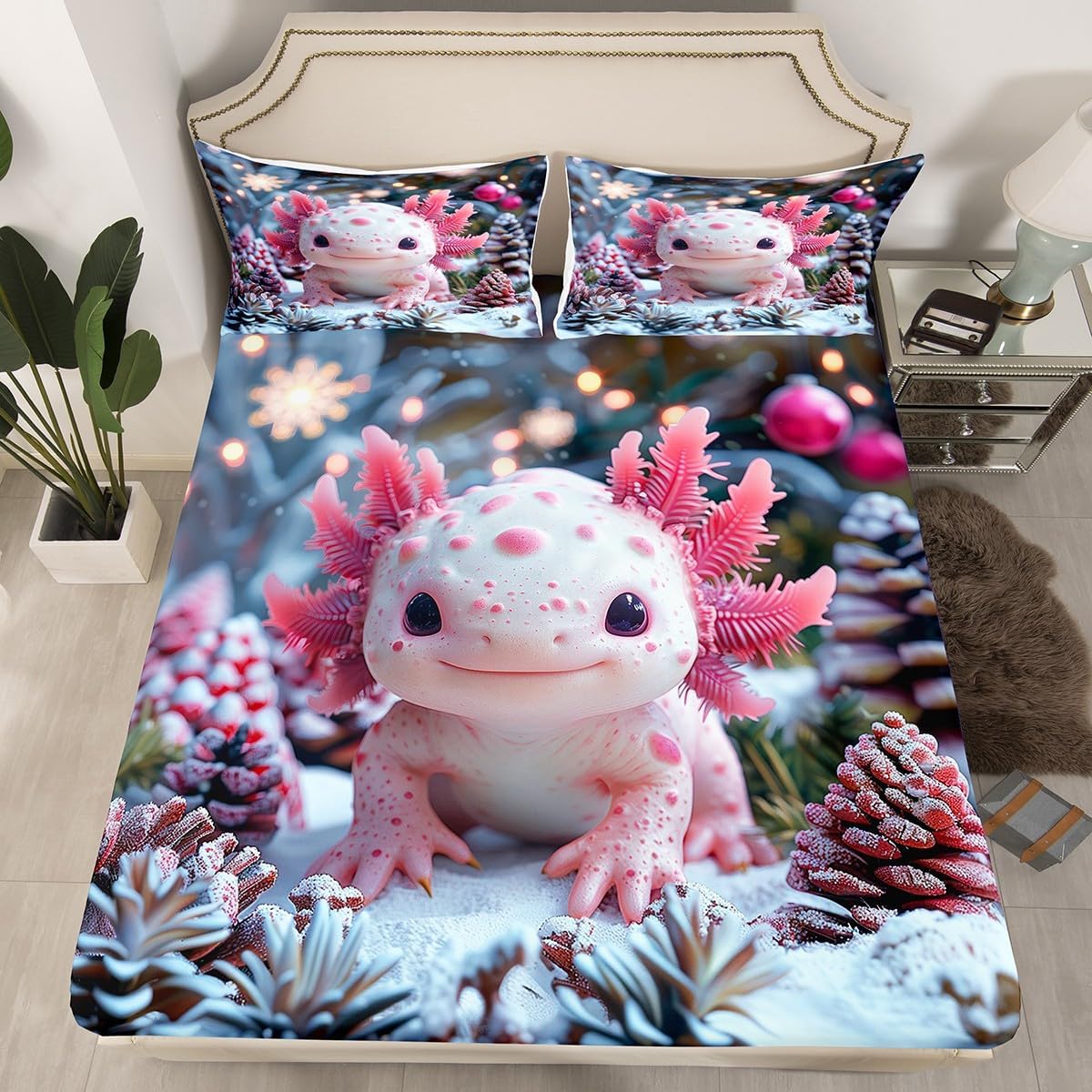 Lovely Axolotl Fitted Sheet Full Size 3 Pcs,Snowy Pine Cones Winter Botanical Collections(No Flat Sheet),Cartoon Marine Life Salamander Bedding Deep Pocket for Kids