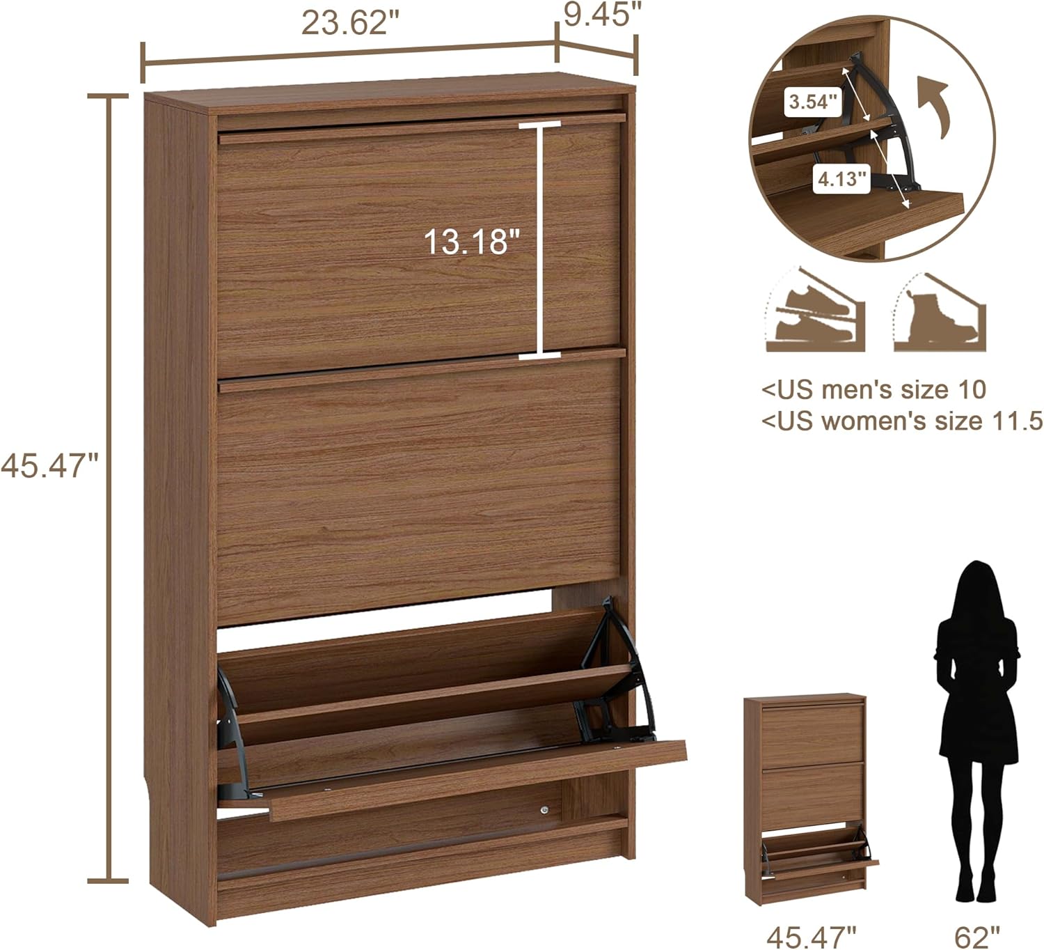 Shoe Cabinet with 3 Flip Drawers, 23.62" W Narrow Shoe Storage Cabinet for Entryway, Slim Shoe Organizer with Adjustable Shelves, Freestanding Shoe Rack for Hallway, Living Room, Walnut