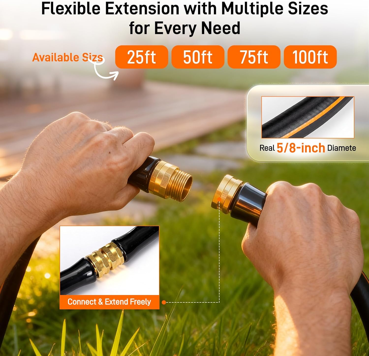 Garden Hose, 100ft 5/8" Heavy Duty Rubber Water Hose w/ 10-Mode Spray Nozzle, 550 PSI Burst, 360° Anti-Kink Swivel Connectors, All-Weather Flexible, Leakproof 3/4" Brass Male to Female Fittings