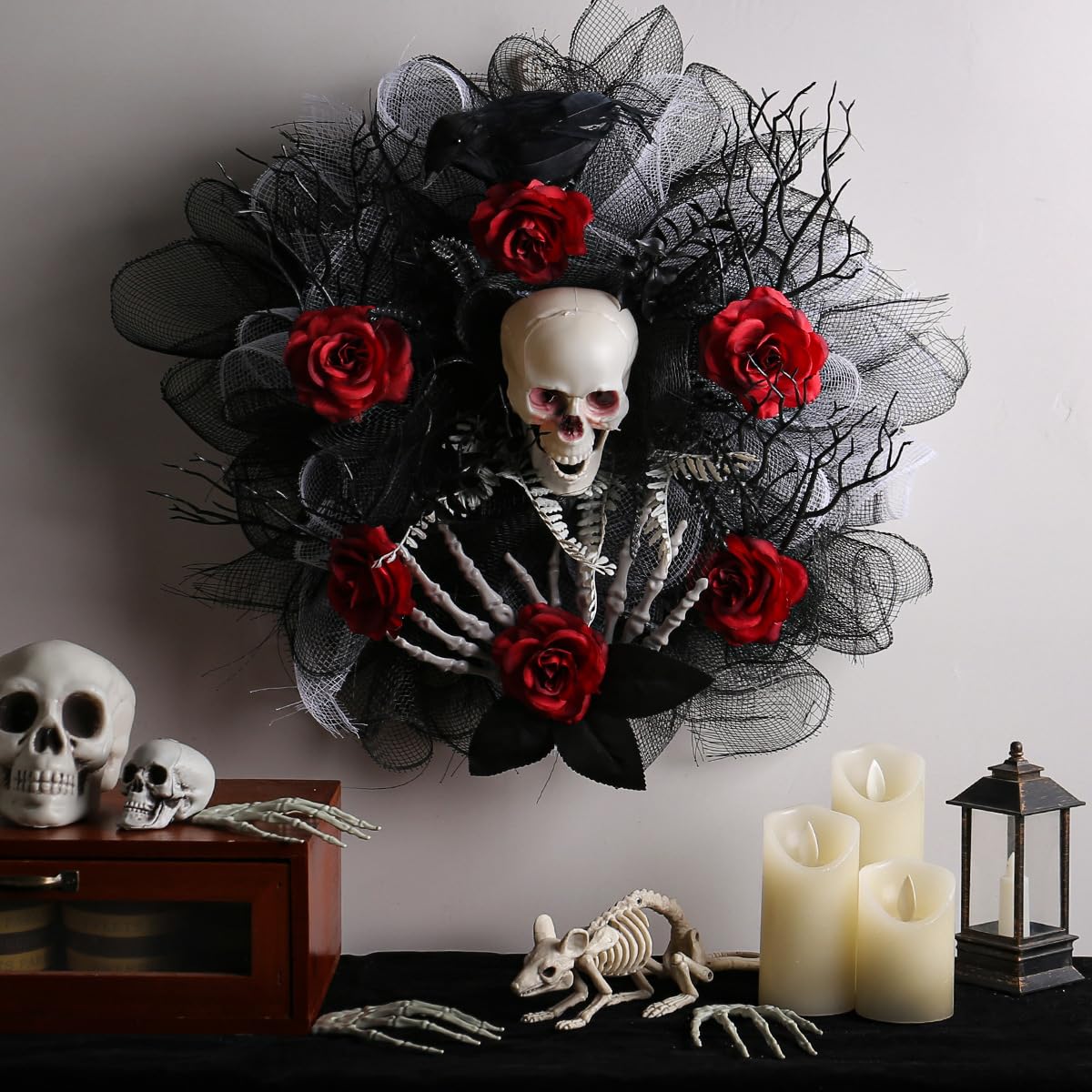 lqzb Halloween Garland with Red Roses, Skulls&Spider Webs for Spooky Haunted House&Bar