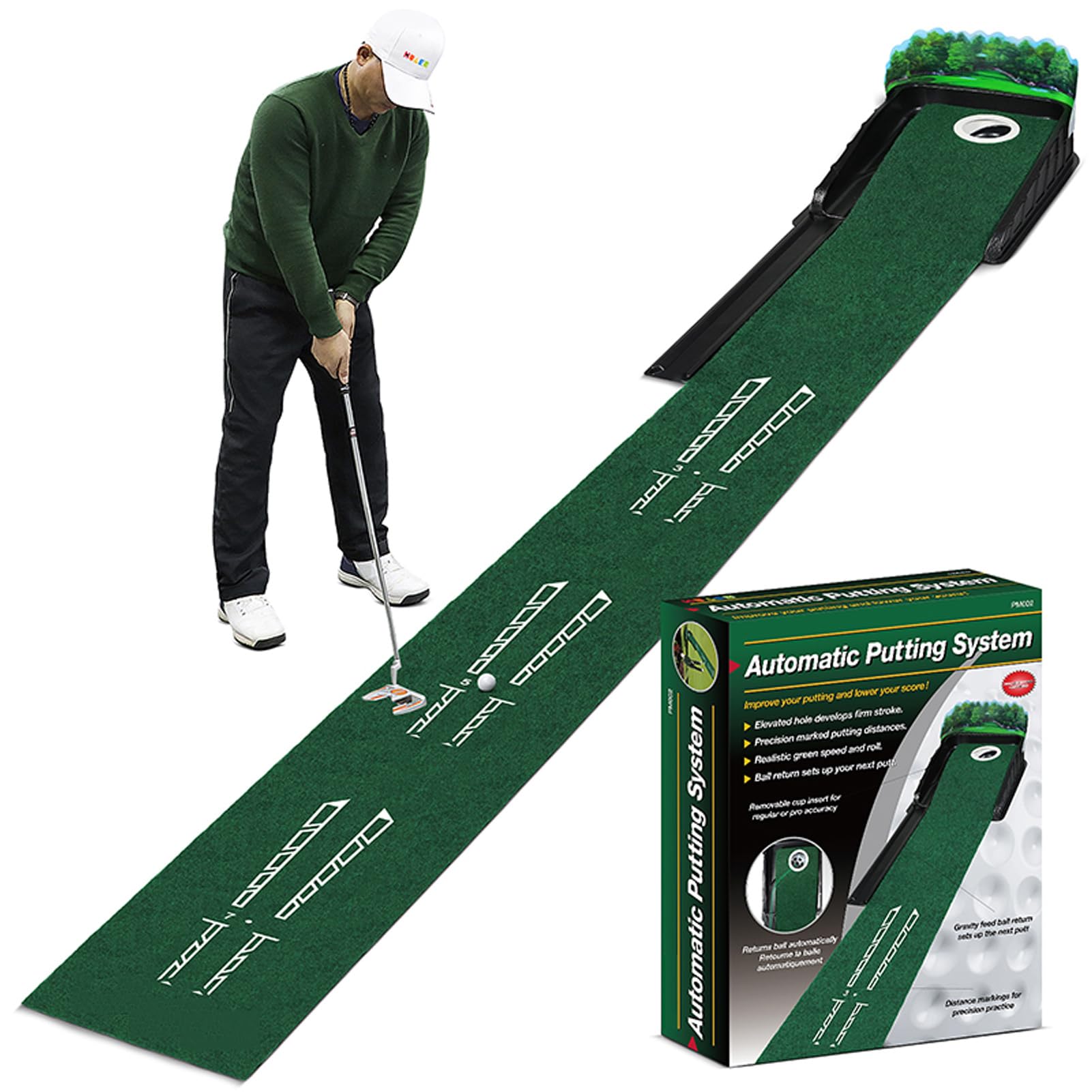 Putting Green Indoor - Golf Putting Mat boasts genuine green speed and a wrinkle-free surface. Practice Putting Mat with lenticular 3D backplate, Alignment Guides and Ball Return