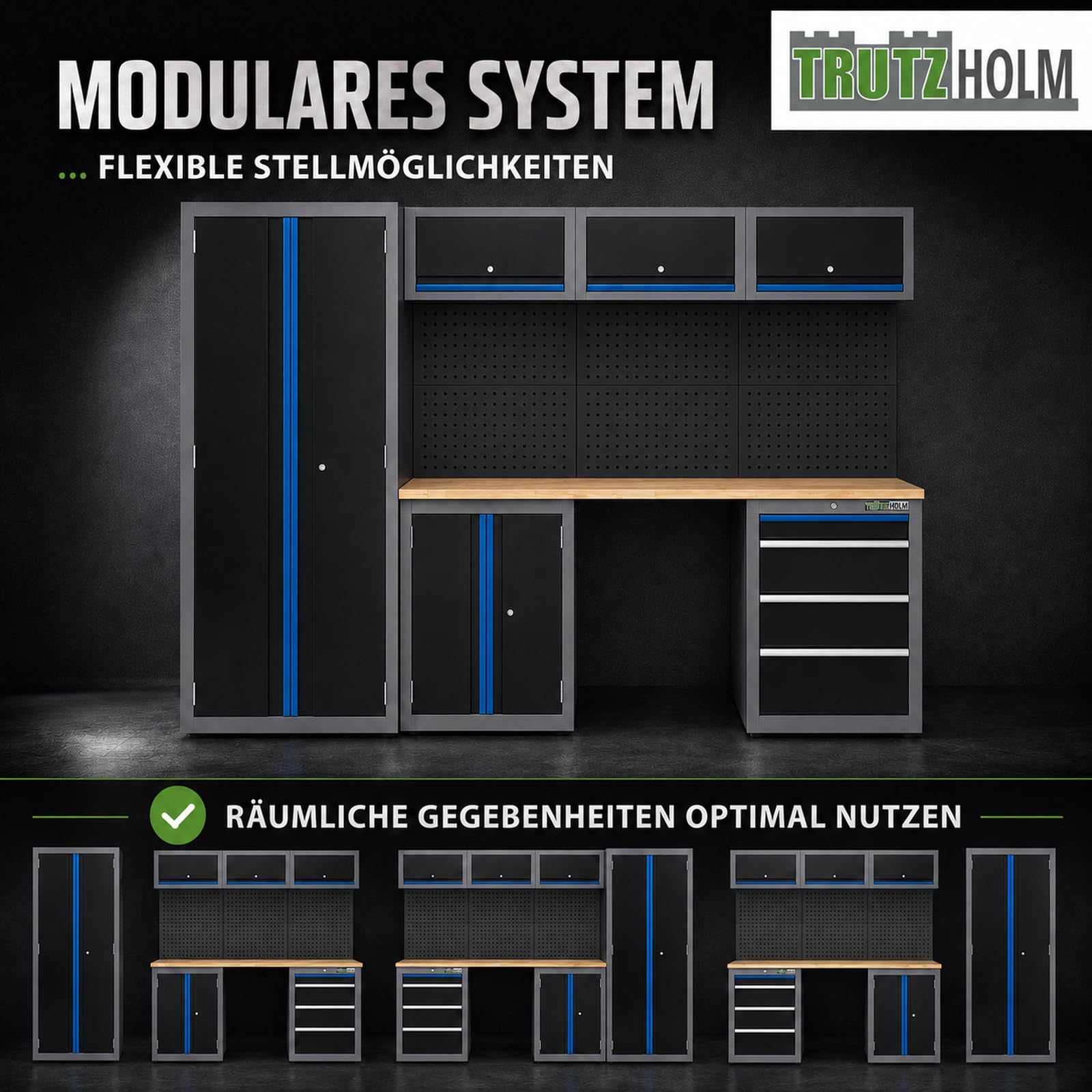 TRUTZHOLM Werkstattwand 13 tlg. aus Stahl 260 x 183 cm modulares Werkstattschranksystem flexibel stellbar & abschließbar mit Holzarbeitsplatte Hochschrank Schubladen Lochwand für Werkstattorganisation