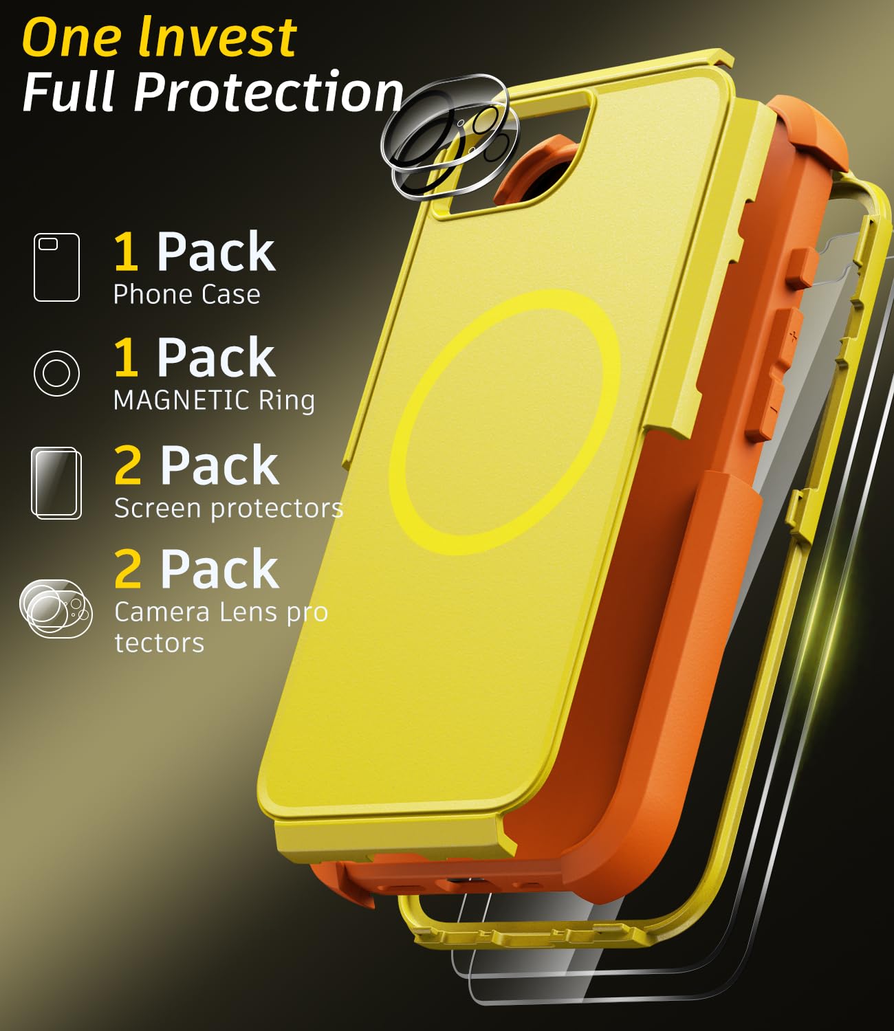 Custodia resistente per iPhone 17e e iPhone 16e, custodia protettiva di grado militare a prova di caduta [compatibile con MagSafe], con pellicola protettiva, antiurto, antiscivolo (giallo)