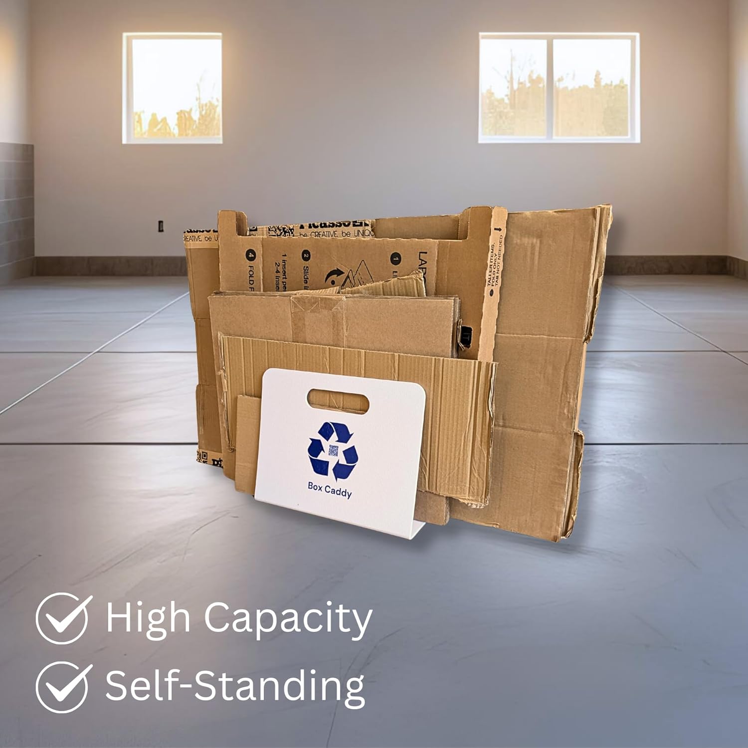 Box Caddy - Cardboard Recycling Organizer. The ultimate solution to store, transport, and recycle your boxes. Eliminates cardboard clutter. (2-Pack White/Blue)