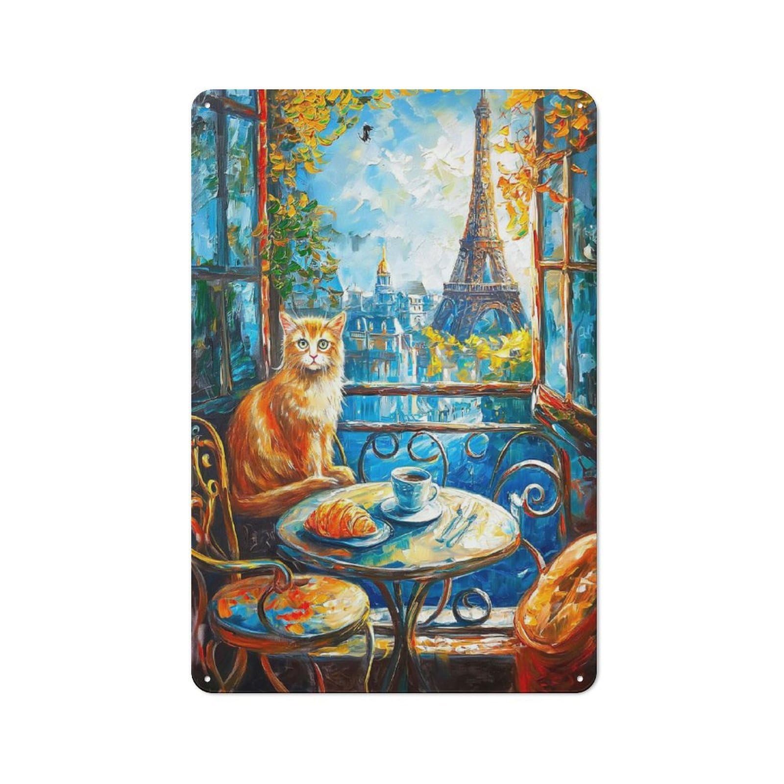 Modern Vintage Cat with Eiffel Tower View Painting Office Metal Sign 30x20cm, Creative Space Decor for Hobby Room, Office, Lounge Or Living Room