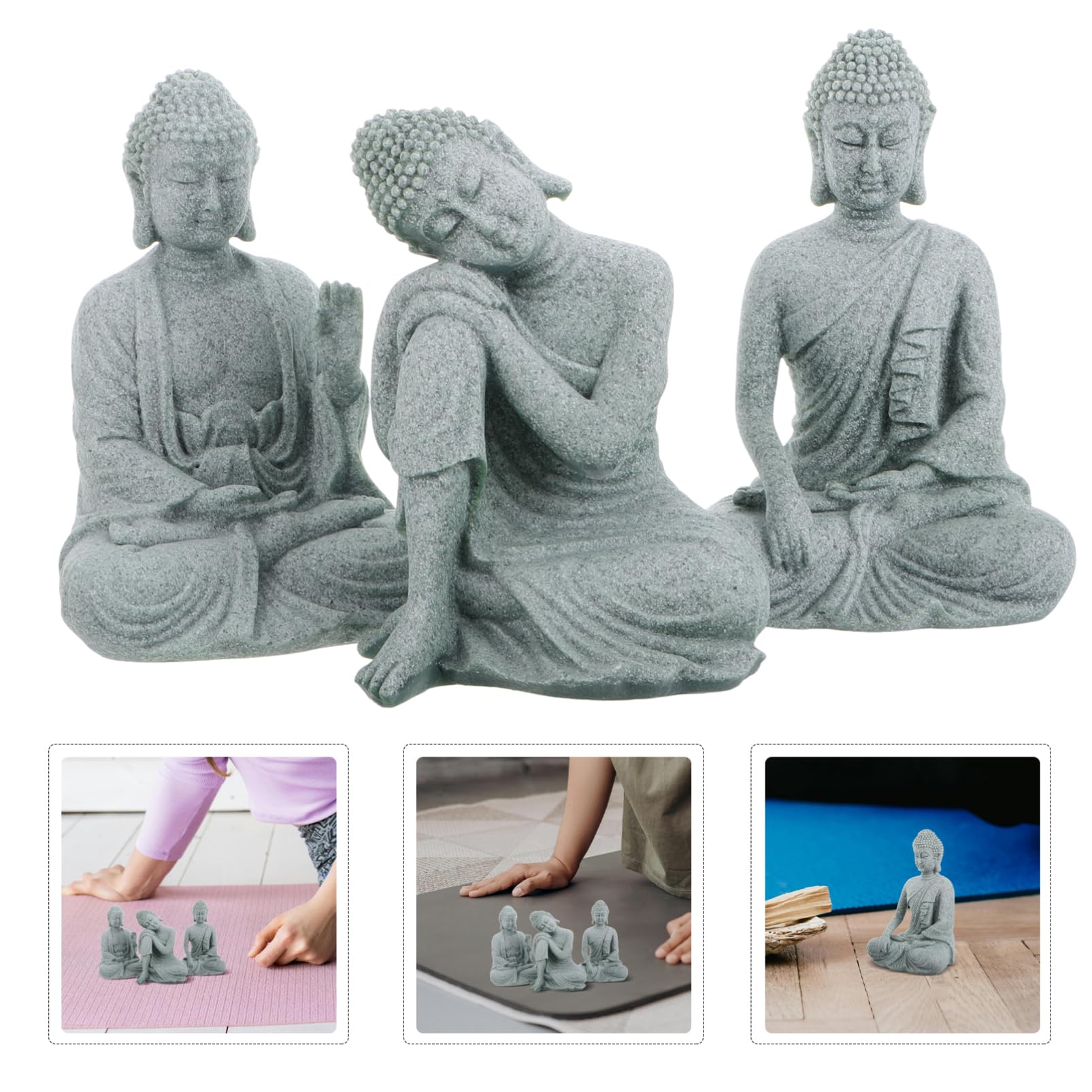 Cabilock 3 Stück Buddha Figuren aus Naturstein für Zuhause und Büro | Zen Dekoration für Schreibtisch, Yoga Studio und Aquarium, Sitzende Statuen im Dreierpack