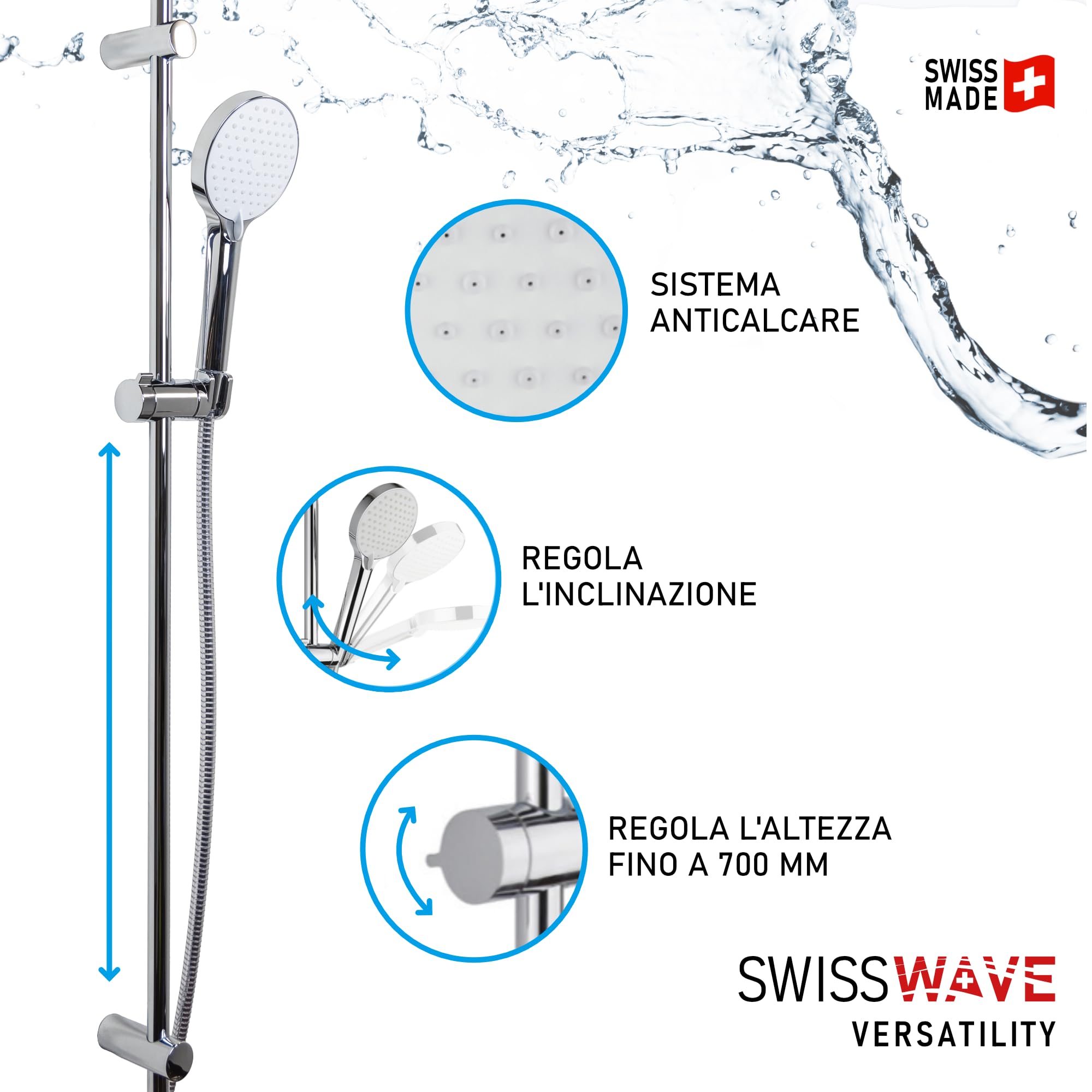 SwissWave - Kit Asta Doccia Reno 700mm con Doccetta 3 Getti e Flessibile 1600mm - Asta Acciaio Inox - Fissaggi Murali Regolabili - Installazione Semplice e Design Moderno - Argento/Cromo